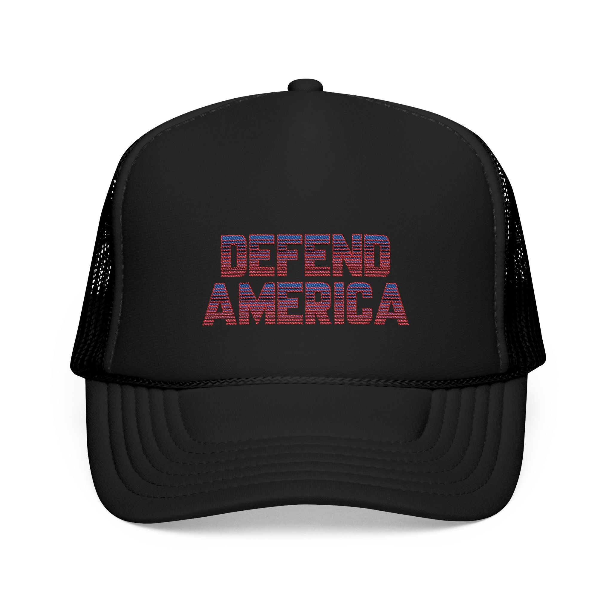 Black 5 panel foam trucket hat with embroidered red, white and blue striped text design "DEFEND AMERICA" #American #MadeinAmerica #MadeinUSA #USA #USApride #America  #americanmade #americanmadeproduct #americanmadeproducts #productsmadeinAmerica #USAmade #productmadeinUSA #productsmadeinUSA
