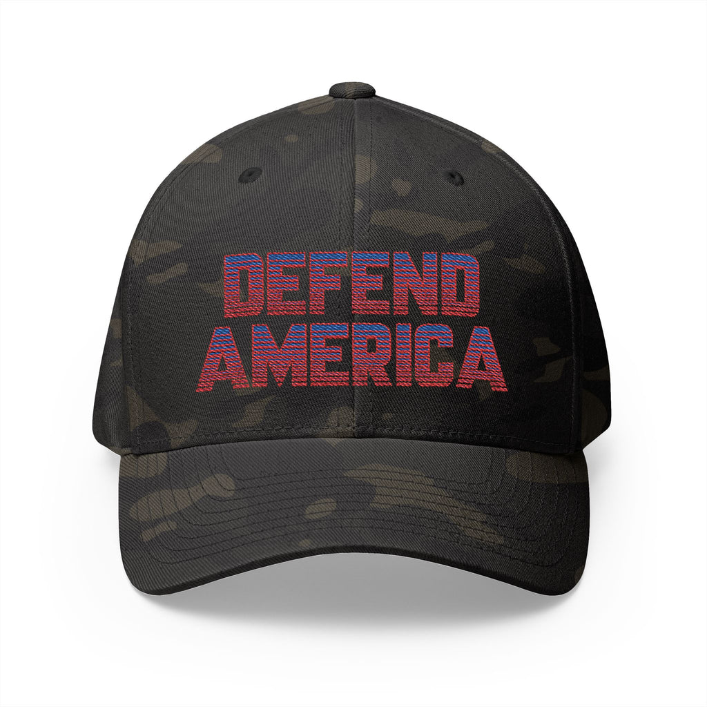 Camo 6 panel baseball hat with text "DEFEND AMERICA" #American #MadeinAmerica #MadeinUSA #USA #USApride #America  #americanmade #americanmadeproduct #americanmadeproducts #productsmadeinAmerica #USAmade #productmadeinUSA #productsmadeinUSA #Americanflag #USAflag