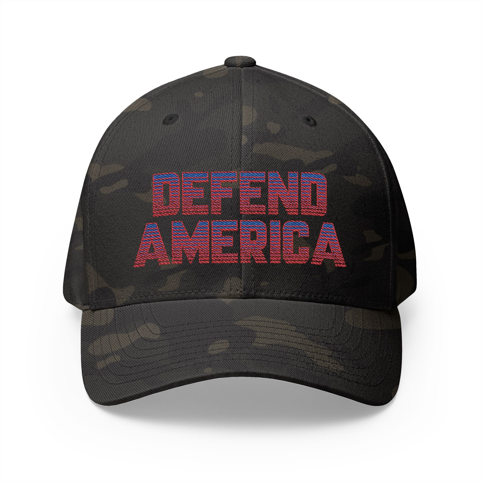 Camo 6 panel baseball hat with text "DEFEND AMERICA" #American #MadeinAmerica #MadeinUSA #USA #USApride #America  #americanmade #americanmadeproduct #americanmadeproducts #productsmadeinAmerica #USAmade #productmadeinUSA #productsmadeinUSA #Americanflag #USAflag