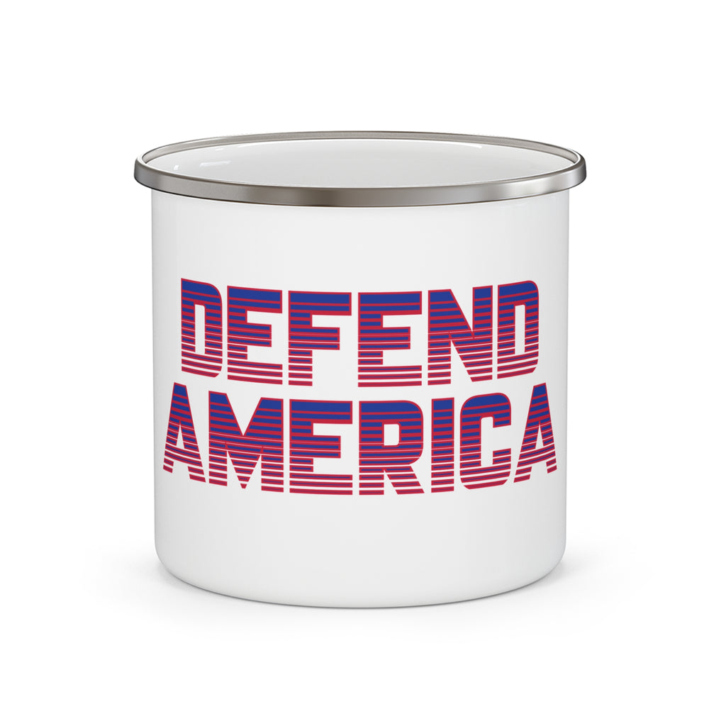 A white enamel camping mug with 'DEFEND AMERICA' text in red and blue stripes on the side.
