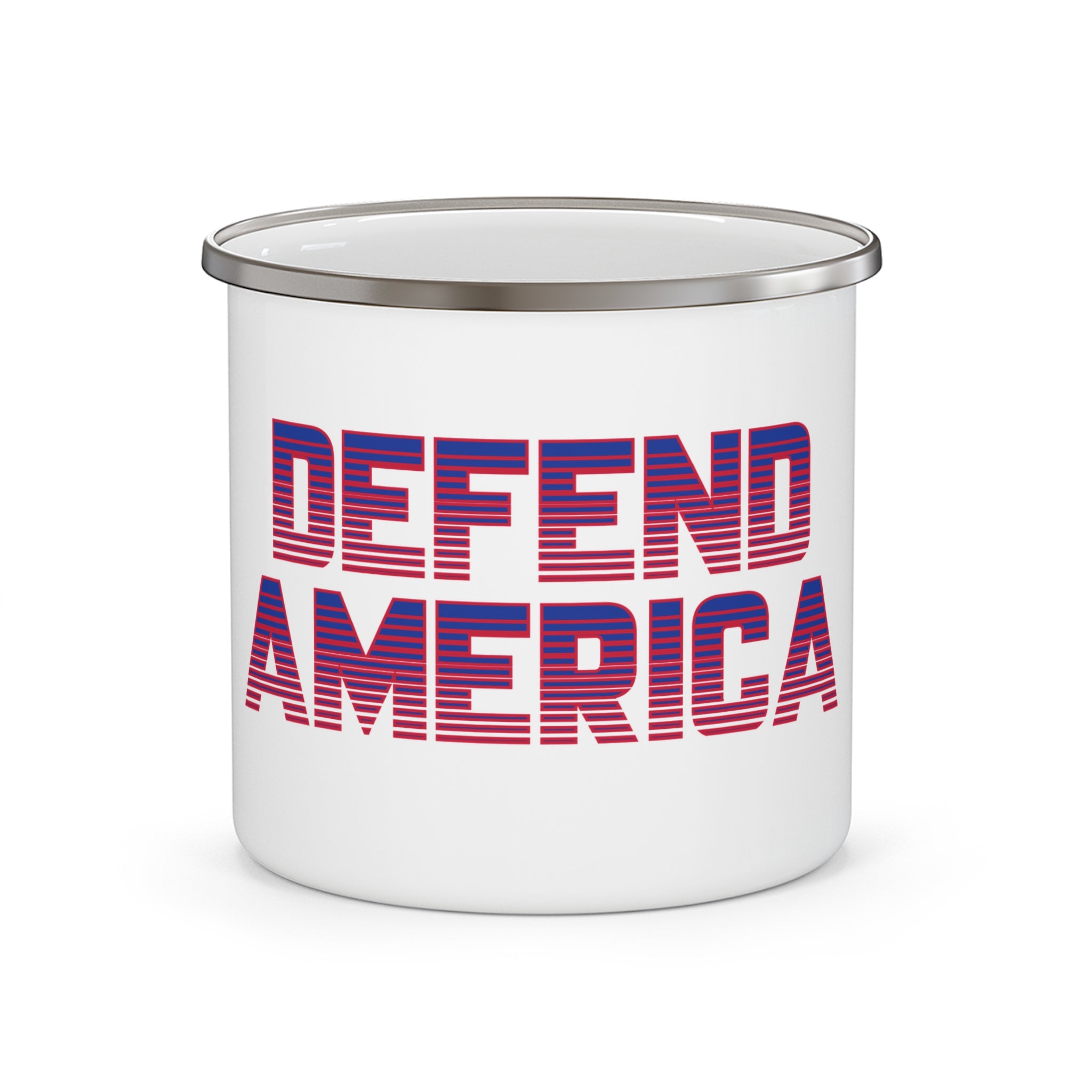 A white enamel camping mug with 'DEFEND AMERICA' text in red and blue stripes on the side.