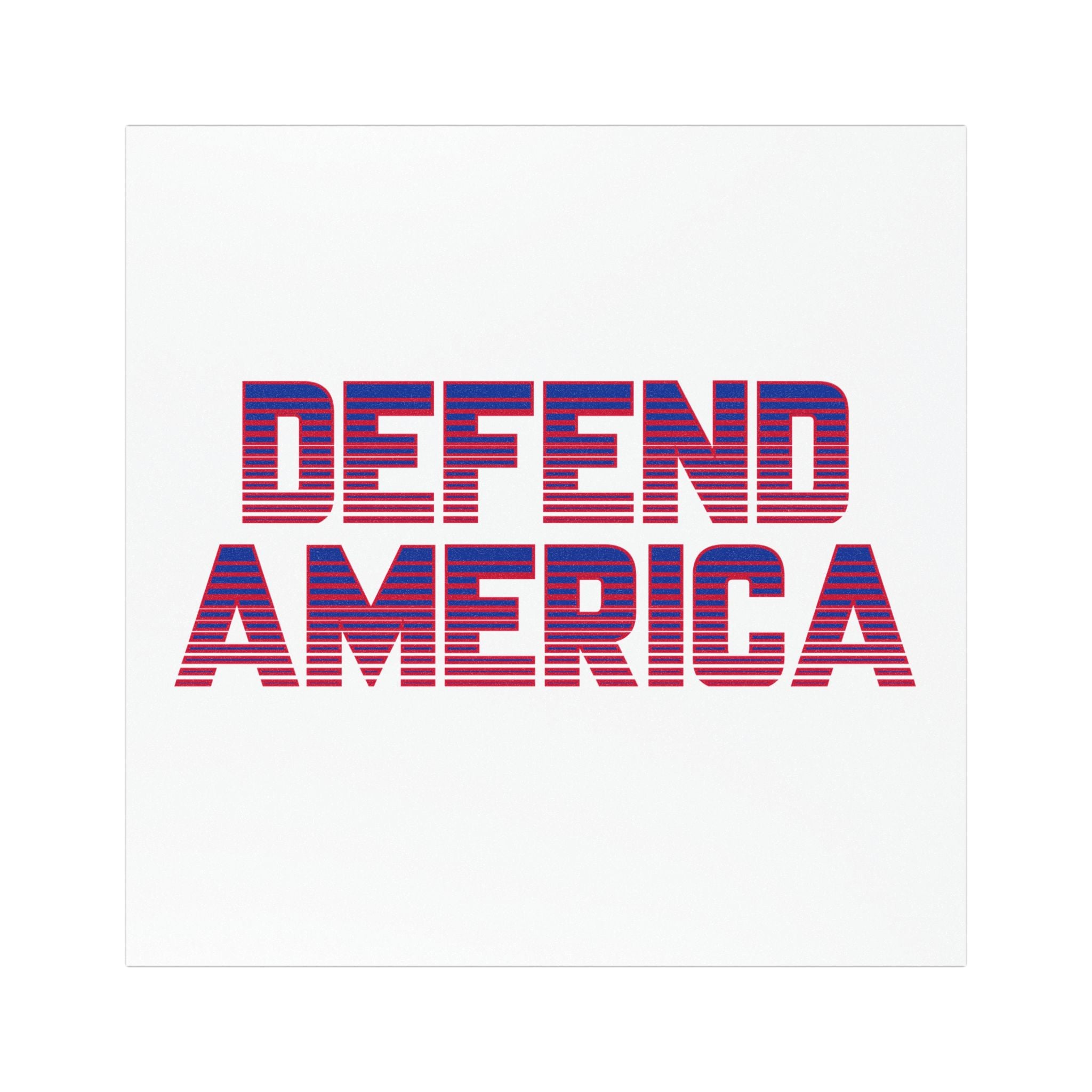 A square-shaped car magnet with the text 'DEFEND AMERICA' in bold capital letters, styled with a striped pattern in red and blue, resembling the American flag.
