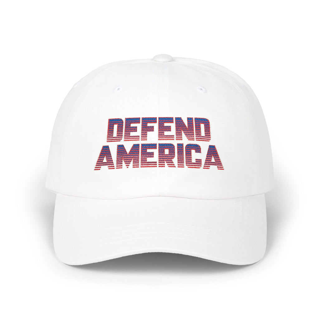 6 panel dad hat with red, white and blue striped text "DEFEND AMERICA"  #American #MadeinAmerica #MadeinUSA #USA #USApride #America  #americanmade #americanmadeproduct #americanmadeproducts #productsmadeinAmerica #USAmade #productmadeinUSA #productsmadeinUSA #Americanflag #USAflag