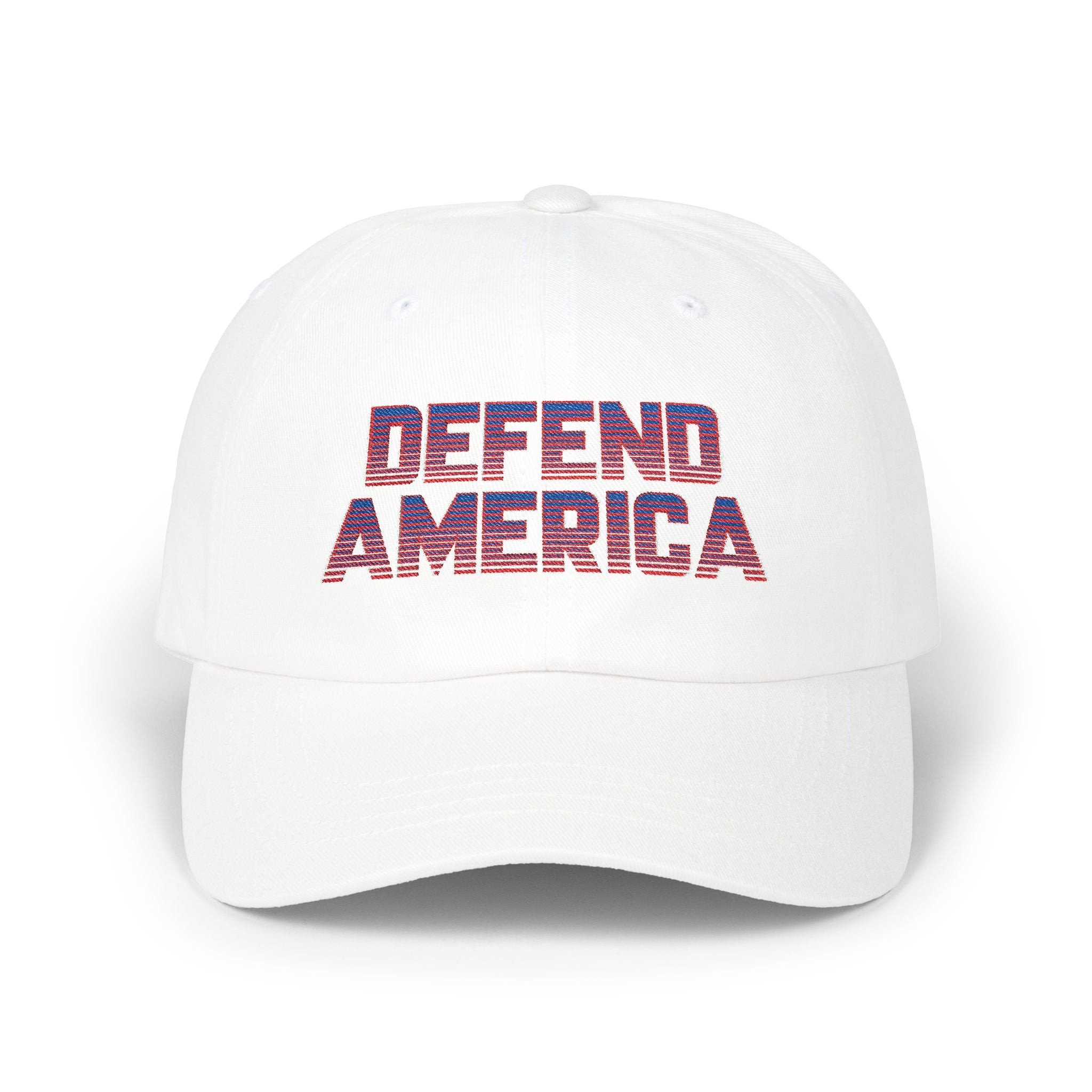 6 panel dad hat with red, white and blue striped text "DEFEND AMERICA"  #American #MadeinAmerica #MadeinUSA #USA #USApride #America  #americanmade #americanmadeproduct #americanmadeproducts #productsmadeinAmerica #USAmade #productmadeinUSA #productsmadeinUSA #Americanflag #USAflag