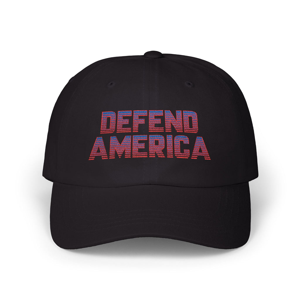 6 panel dad hat with red, white and blue striped text "DEFEND AMERICA"  #American #MadeinAmerica #MadeinUSA #USA #USApride #America  #americanmade #americanmadeproduct #americanmadeproducts #productsmadeinAmerica #USAmade #productmadeinUSA #productsmadeinUSA #Americanflag #USAflag