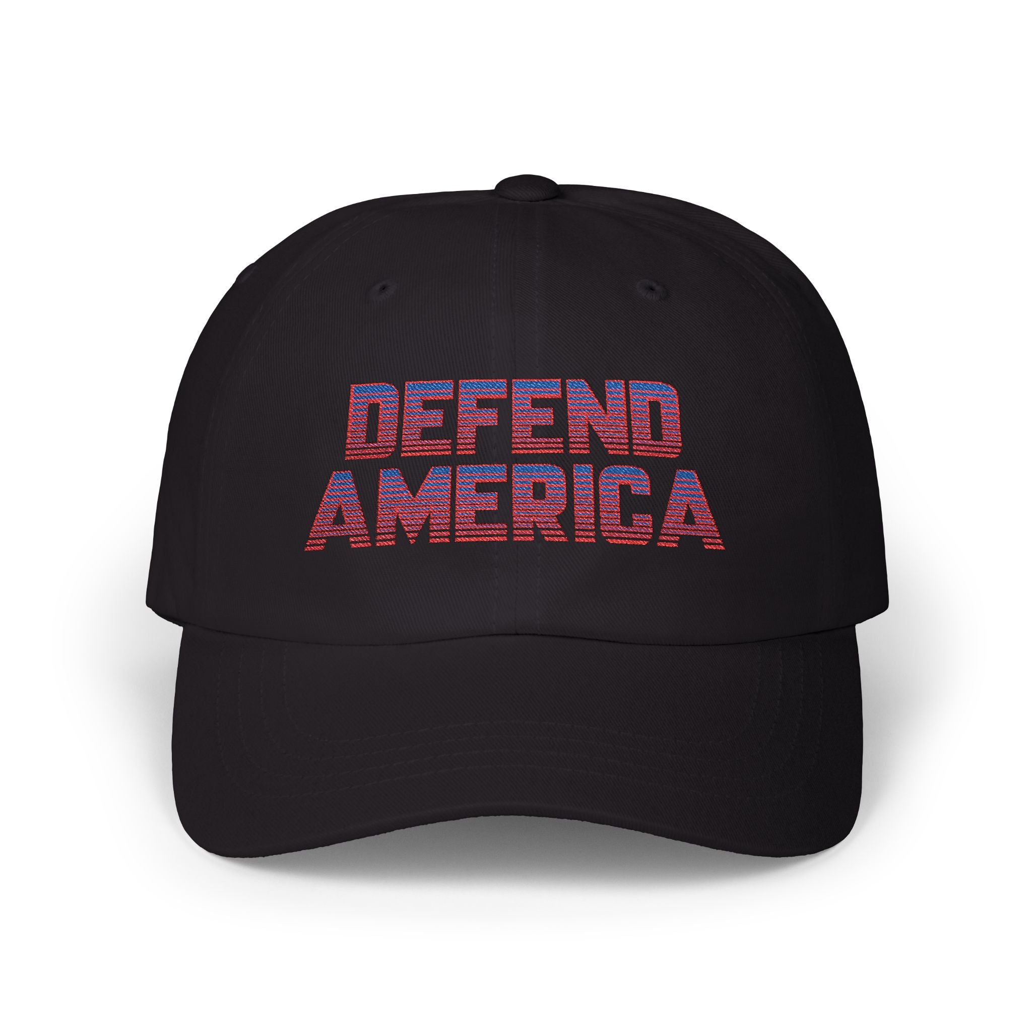 6 panel dad hat with red, white and blue striped text "DEFEND AMERICA"  #American #MadeinAmerica #MadeinUSA #USA #USApride #America  #americanmade #americanmadeproduct #americanmadeproducts #productsmadeinAmerica #USAmade #productmadeinUSA #productsmadeinUSA #Americanflag #USAflag