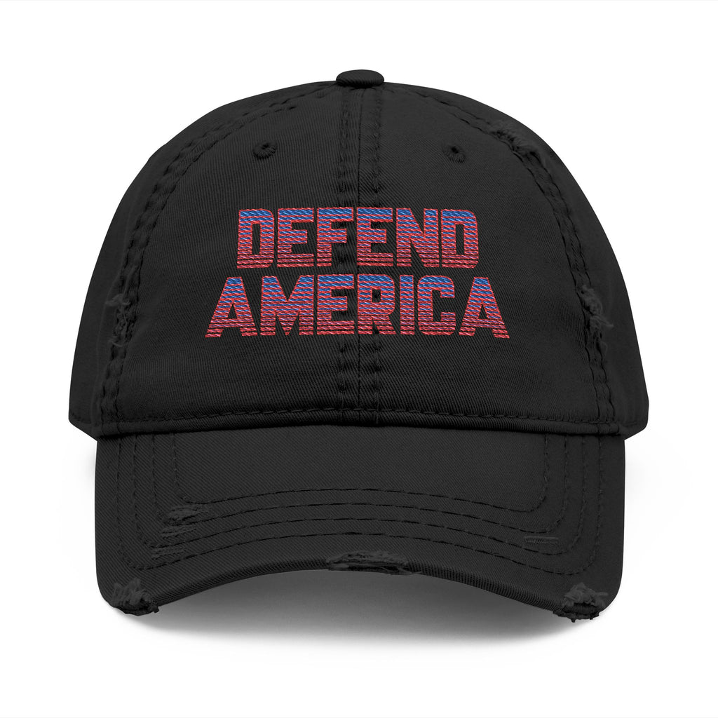 Black 6 panel distressed dad hat "DEFEND AMERICA" #American #MadeinAmerica #MadeinUSA #USA #USApride #America  #americanmade #americanmadeproduct #americanmadeproducts #productsmadeinAmerica #USAmade #productmadeinUSA #productsmadeinUSA #Americanflag #USAflag
