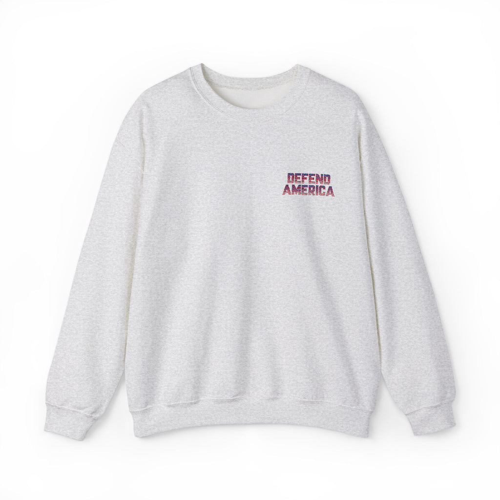 gray crewneck sweatshirt with 'DEFEND AMERICA EMBROIDERED CREWNECK SWEATSHIRT' text in red on the chest.