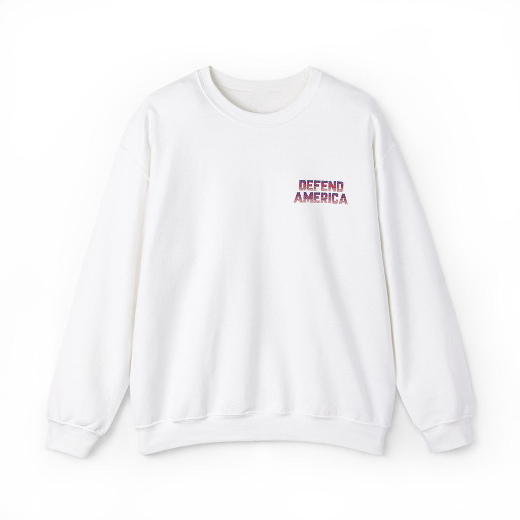 White crewneck sweatshirt with 'DEFEND AMERICA EMBROIDERED CREWNECK SWEATSHIRT' text in red on the chest.