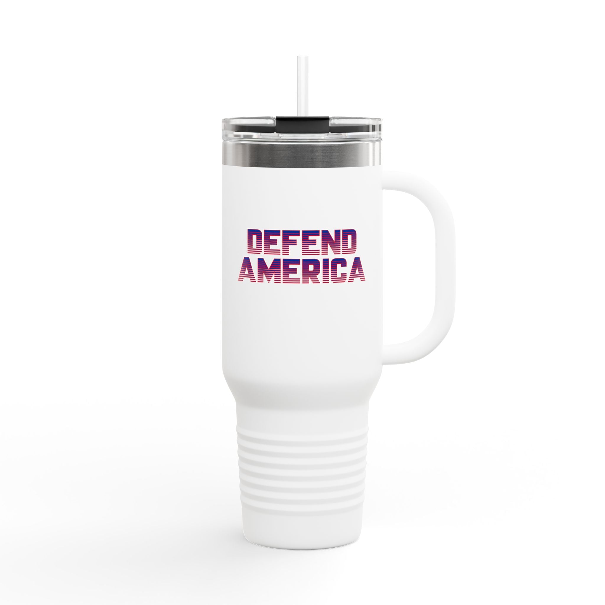 White insulated travel mug with 'DEFEND AMERICA' text in red on the side, featuring a handle and a clear lid.
