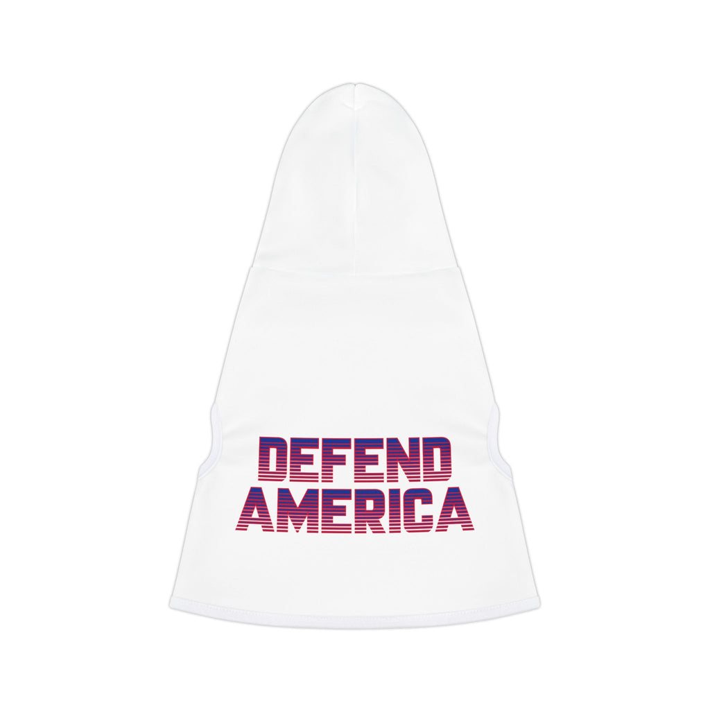 White pet hoodie with white trim and red, white and blue striped text "Defend America" #DefendAmerica #American #MadeinAmerica #MadeinUSA #USA #USApride #America #USAflag #doghoodie #dog #dogs #pethoodie #pet #pets #American #MadeinAmerica #MadeinUSA #USA #USApride #America  #americanmade #americanmadeproduct #americanmadeproducts #productsmadeinAmerica #USAmade #productmadeinUSA #productsmadeinUSA

