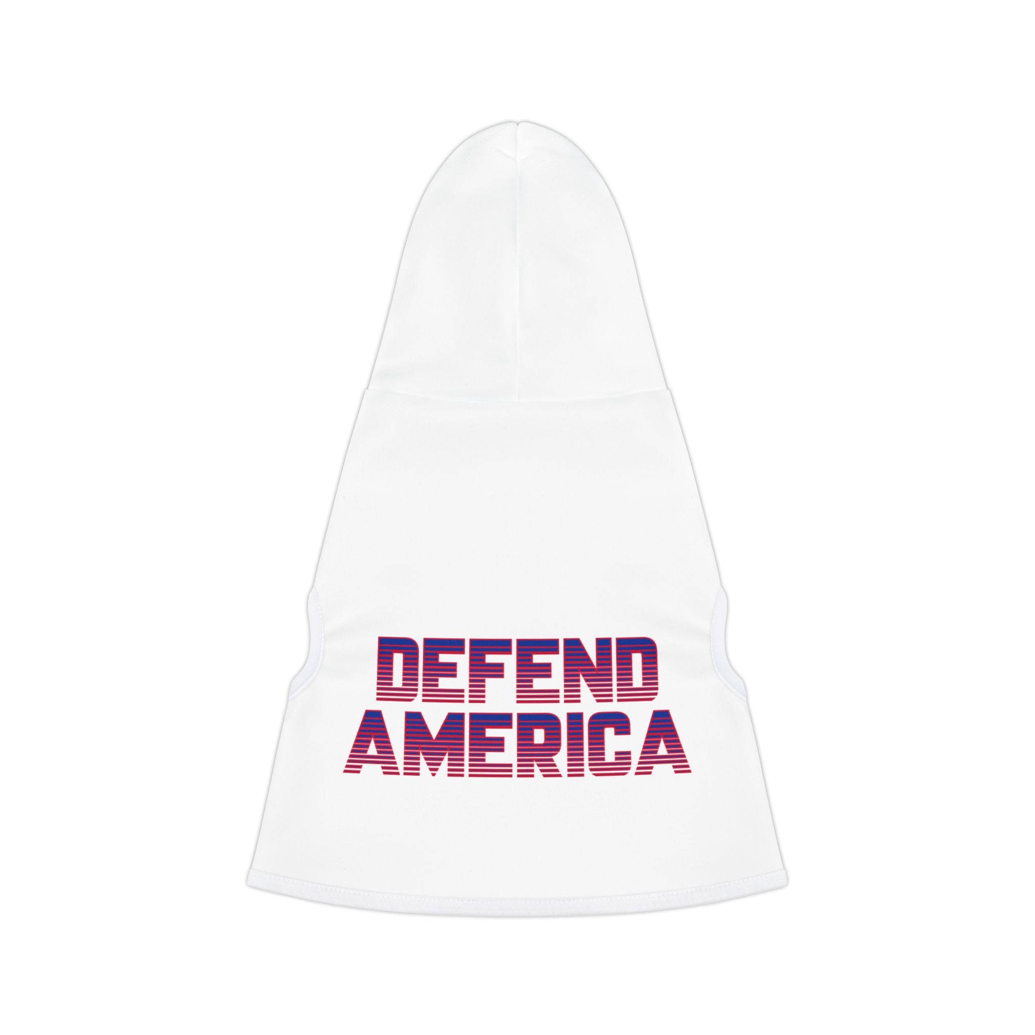White pet hoodie with white trim and red, white and blue striped text "Defend America" #DefendAmerica #American #MadeinAmerica #MadeinUSA #USA #USApride #America #USAflag #doghoodie #dog #dogs #pethoodie #pet #pets #American #MadeinAmerica #MadeinUSA #USA #USApride #America  #americanmade #americanmadeproduct #americanmadeproducts #productsmadeinAmerica #USAmade #productmadeinUSA #productsmadeinUSA
