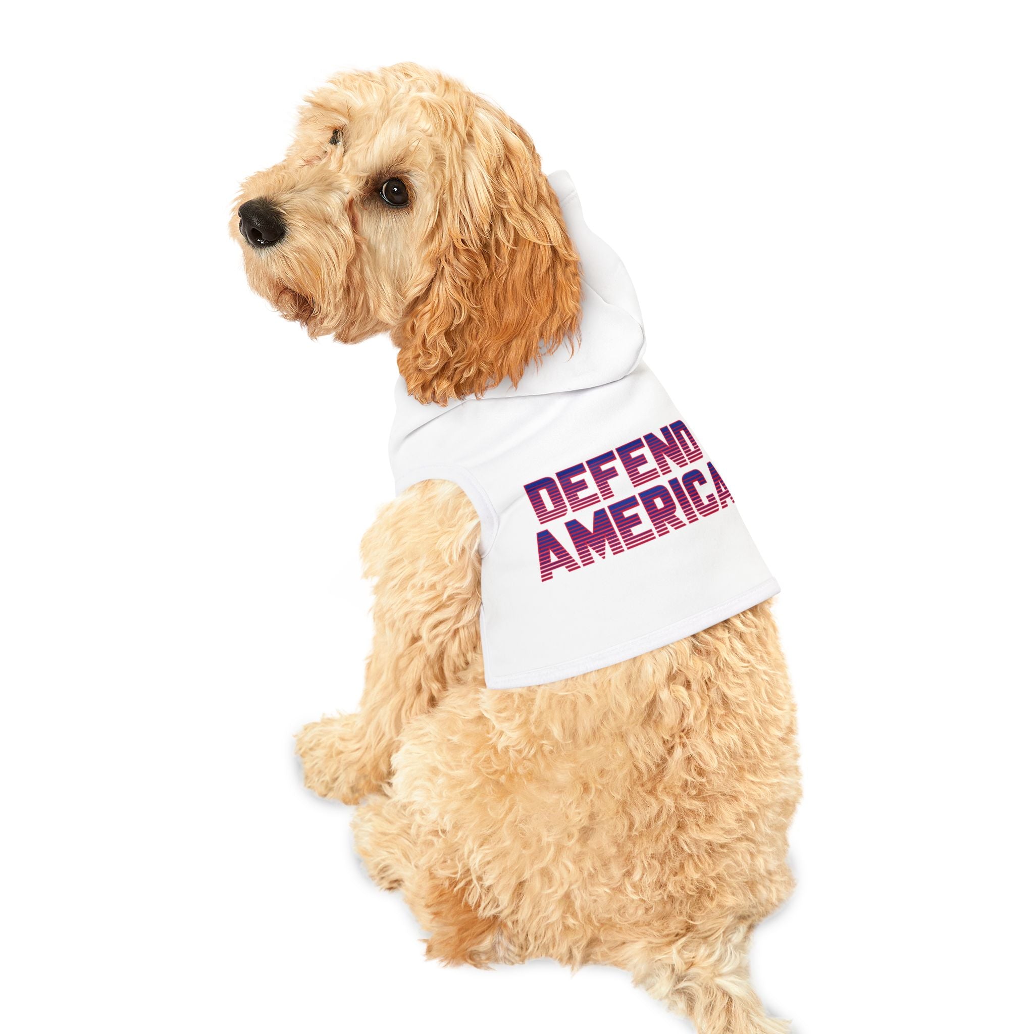 White pet hoodie with white trim and red, white and blue striped text "Defend America"  #DefendAmerica #American #MadeinAmerica #MadeinUSA #USA #USApride #America #USAflag #doghoodie #dog #dogs #pethoodie #pet #pets #American #MadeinAmerica #MadeinUSA #USA #USApride #America  #americanmade #americanmadeproduct #americanmadeproducts #productsmadeinAmerica #USAmade #productmadeinUSA #productsmadeinUSA

