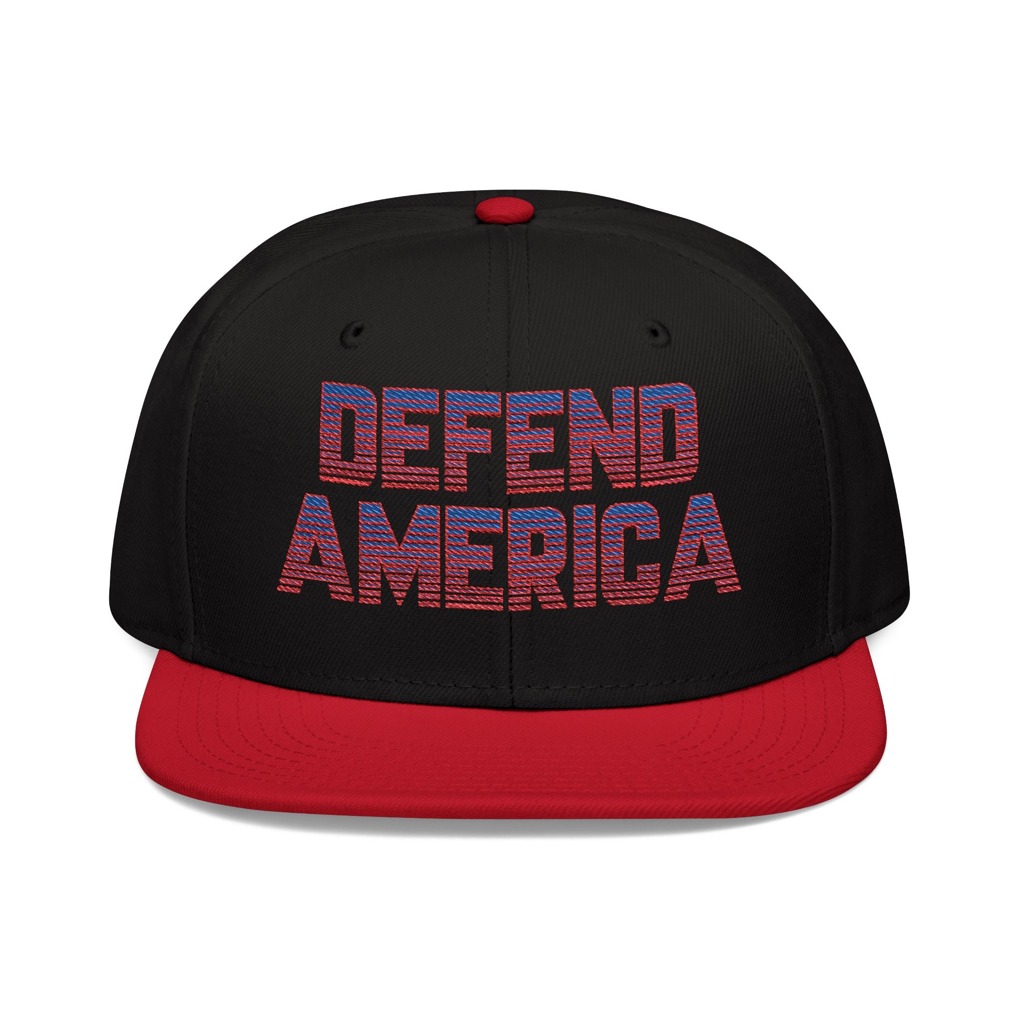 Black and red 6 panel acrylic and wool snapback hat with red, white and blue striped text "DEFEND AMERICA" #American #MadeinAmerica #MadeinUSA #USA #USApride #America  #americanmade #americanmadeproduct #americanmadeproducts #productsmadeinAmerica #USAmade #productmadeinUSA #productsmadeinUSA