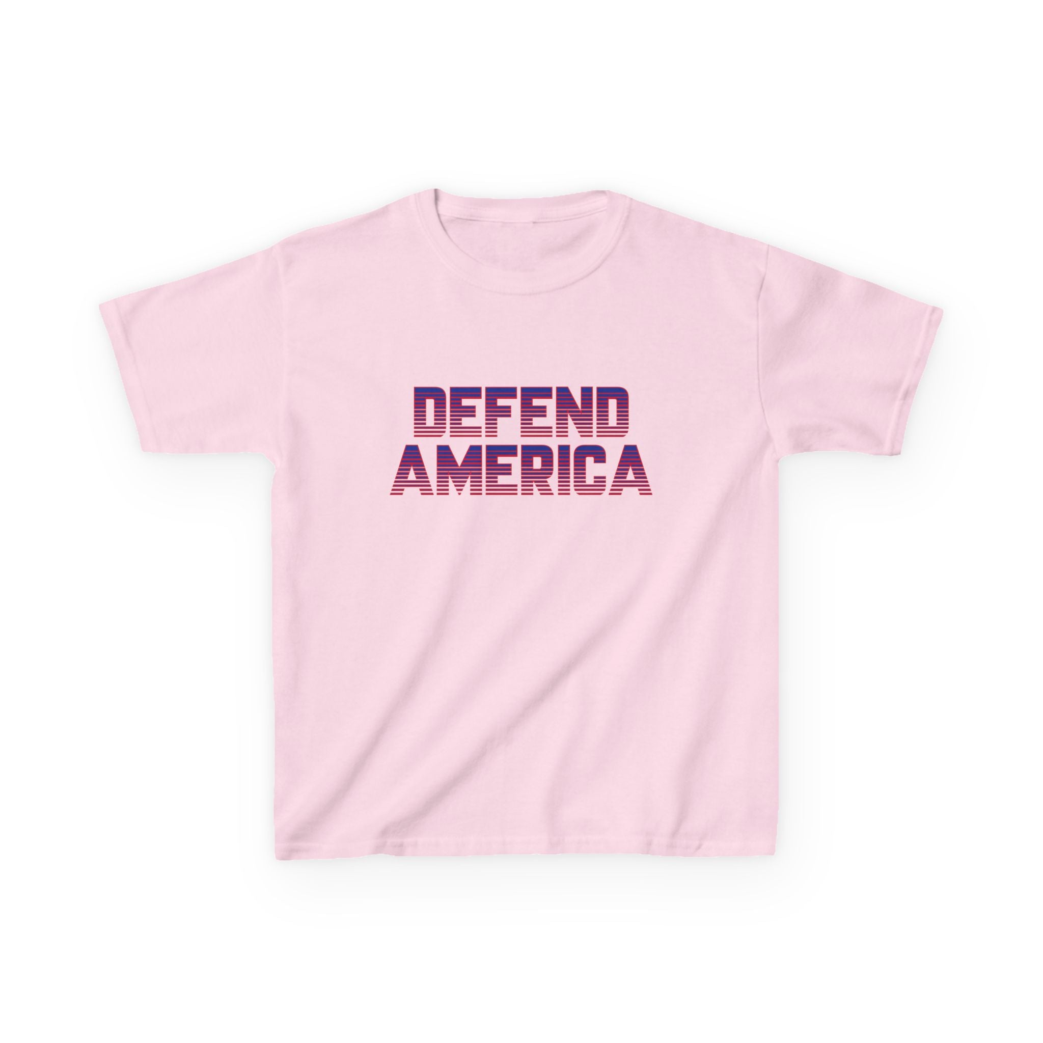 A pink crew neck t-shirt with 'DEFEND AMERICA' printed in bold letters across the front.