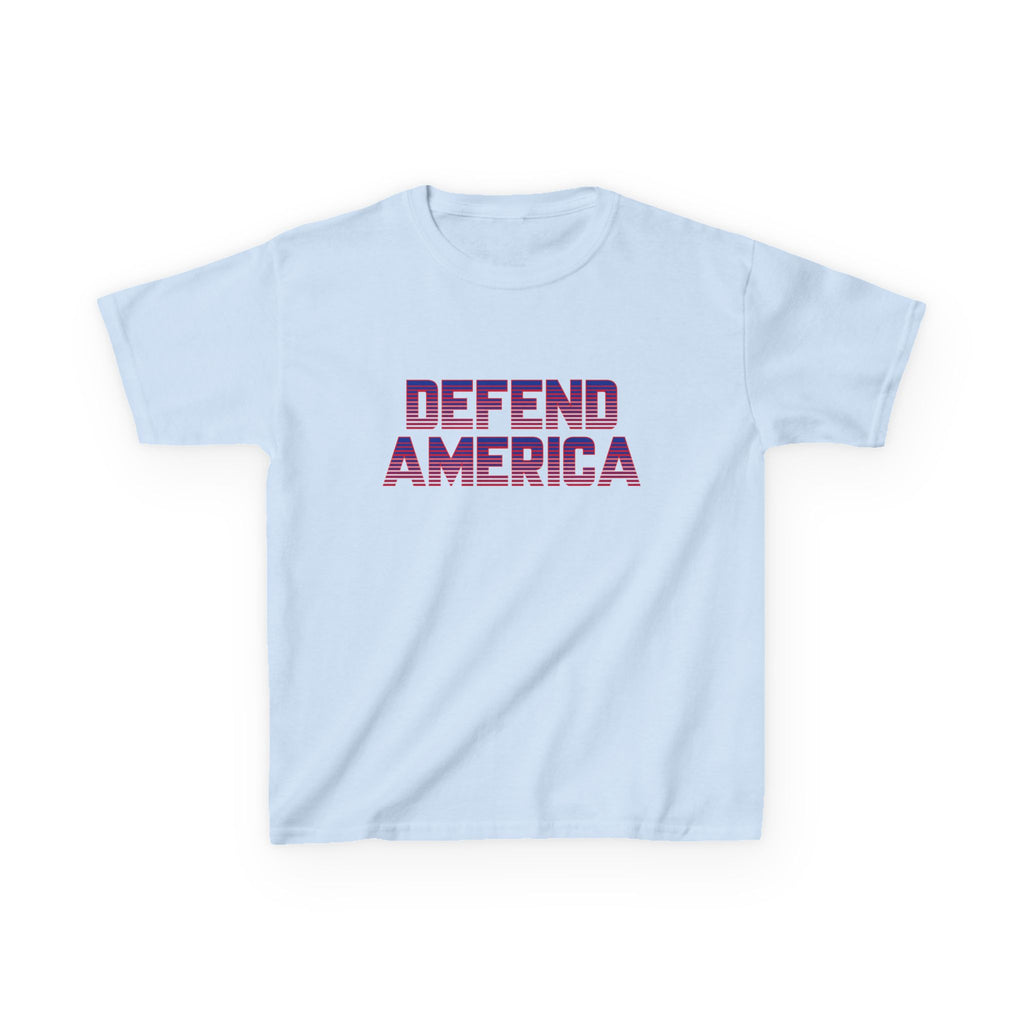 Ablue crew neck t-shirt with 'DEFEND AMERICA' printed in bold letters across the front.