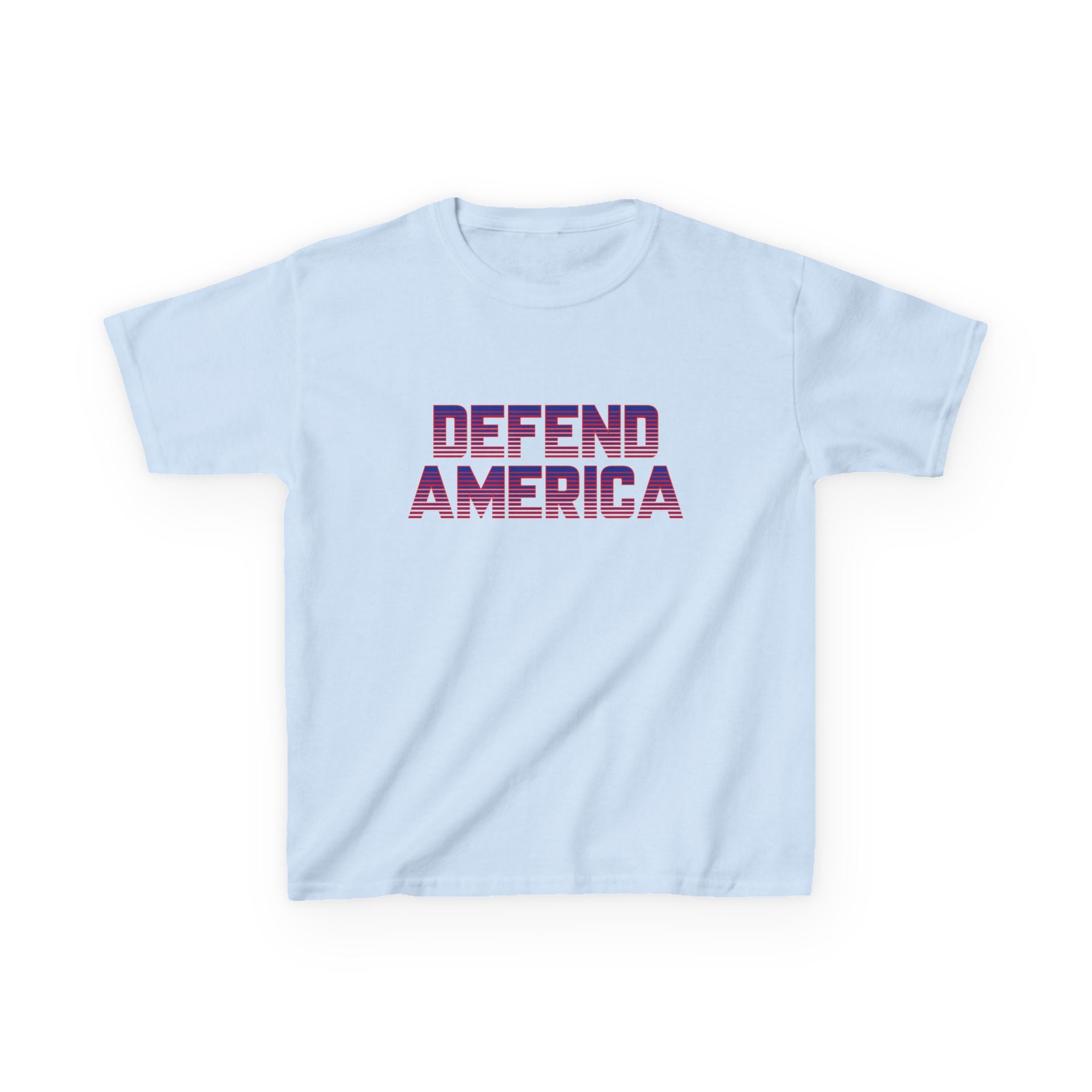 Ablue crew neck t-shirt with 'DEFEND AMERICA' printed in bold letters across the front.
