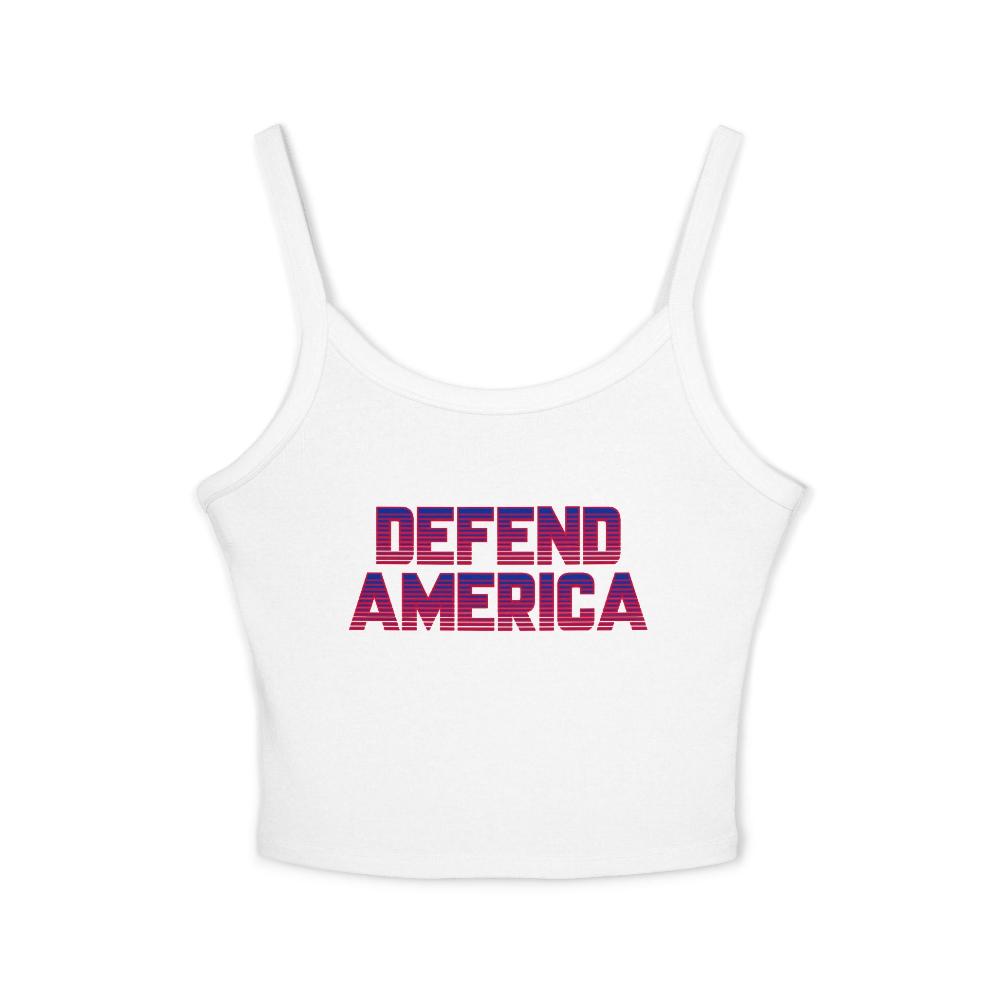 White tank top with 'DEFEND AMERICA' text on a white background