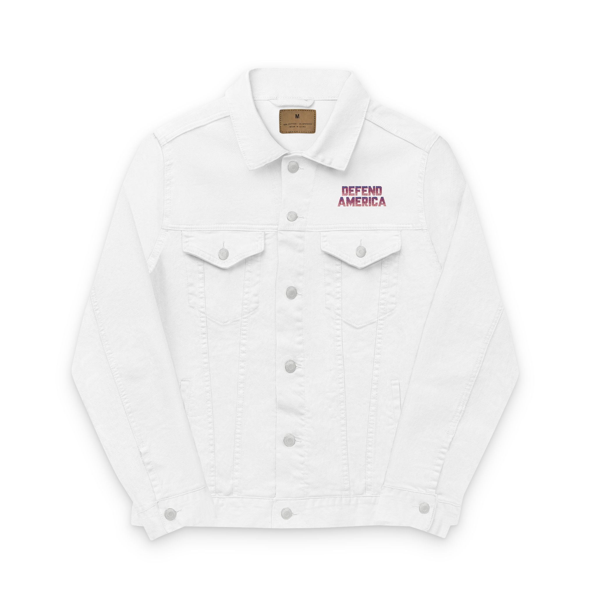 A white unisex denim jacket with 'Defend America' text embroidered on the chest area.