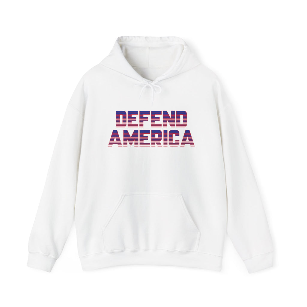 A white hooded sweatshirt with 'DEFEND AMERICA' text in bold, capital letters on the front.