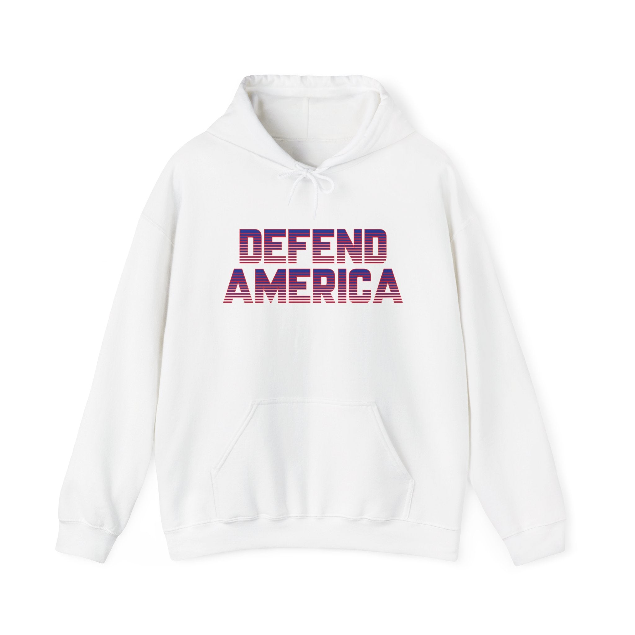 A white hooded sweatshirt with 'DEFEND AMERICA' text in bold, capital letters on the front.