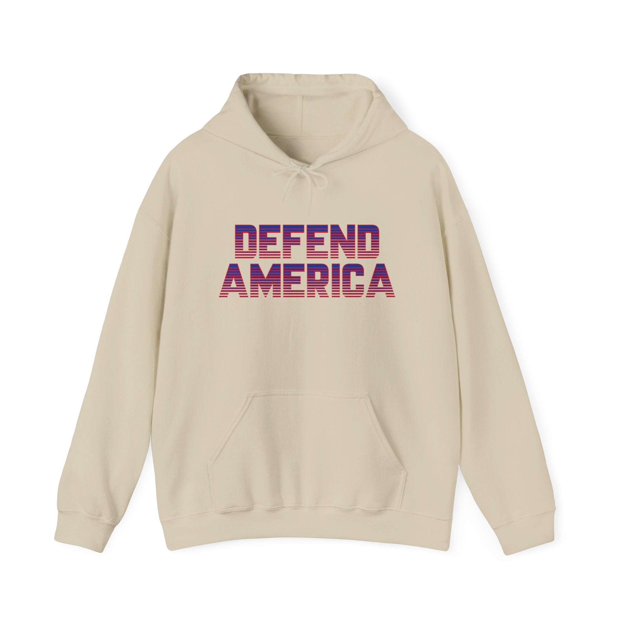 A tan hooded sweatshirt with 'DEFEND AMERICA' text in bold, capital letters on the front.