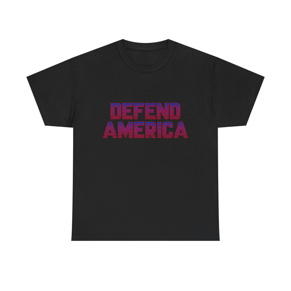 A black crew neck t-shirt with the text 'DEFEND AMERICA' printed in red and purple.