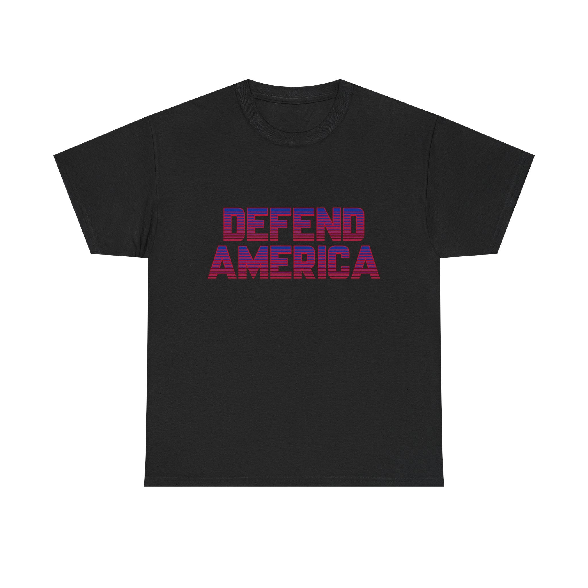 A black crew neck t-shirt with the text 'DEFEND AMERICA' printed in red and purple.