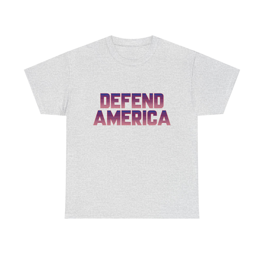A gray crew neck t-shirt with the text 'DEFEND AMERICA' printed in red and purple.