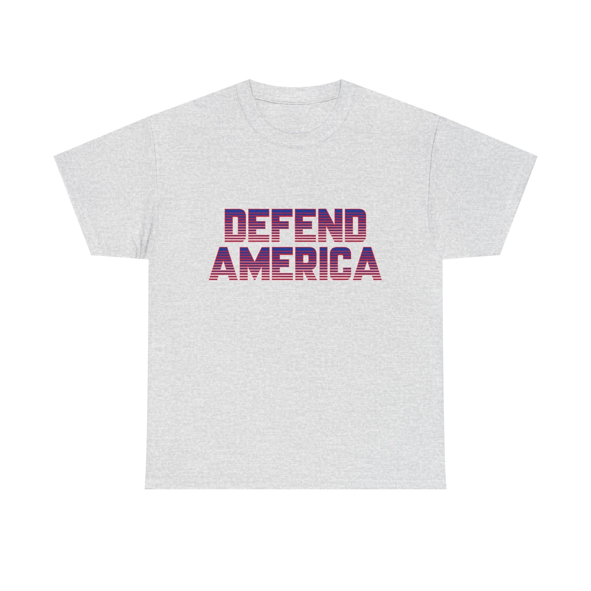 A gray crew neck t-shirt with the text 'DEFEND AMERICA' printed in red and purple.
