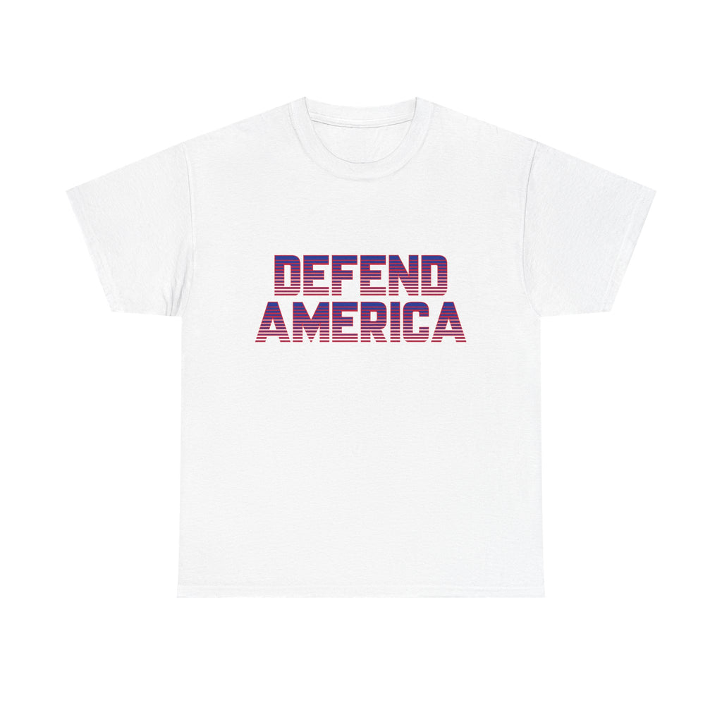 A white crew neck t-shirt with the text 'DEFEND AMERICA' printed in red and purple.