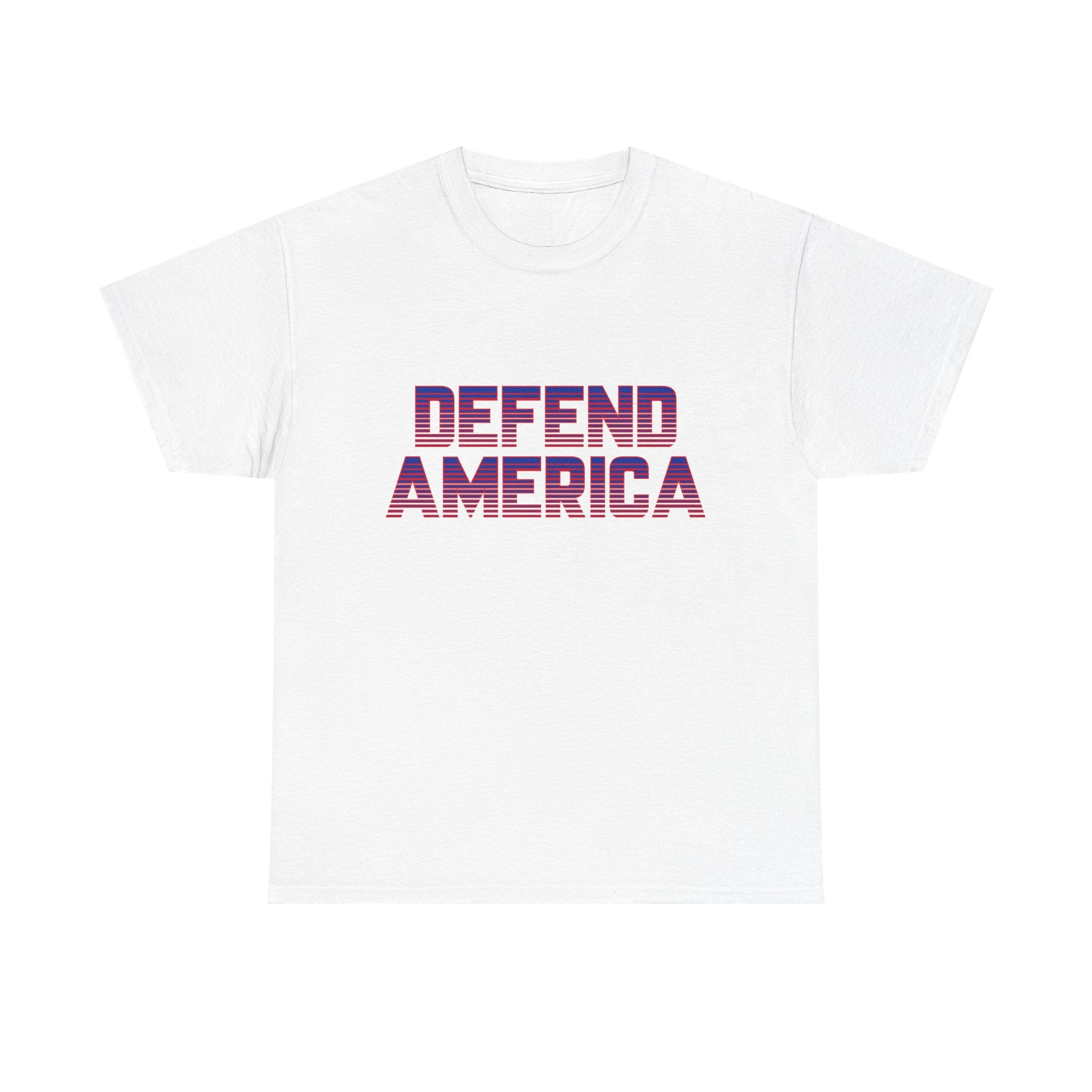 A white crew neck t-shirt with the text 'DEFEND AMERICA' printed in red and purple.