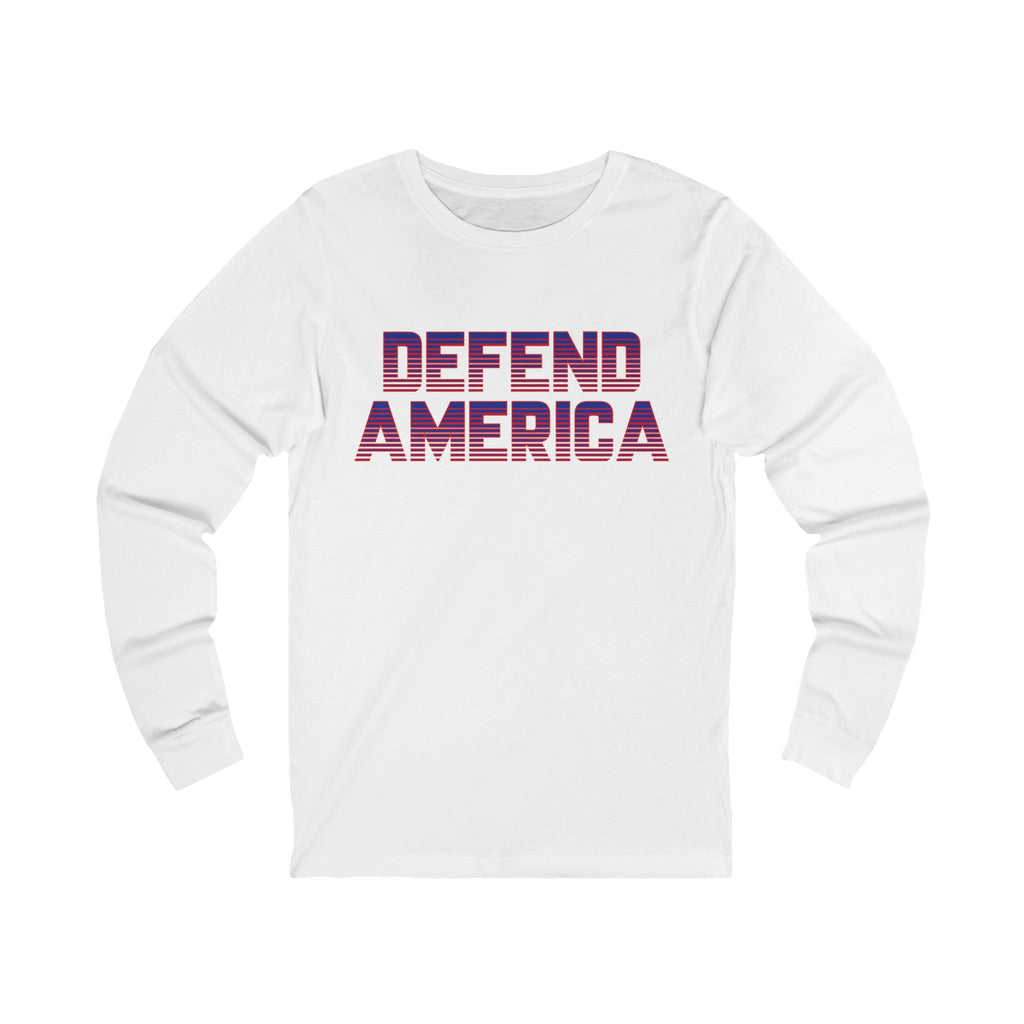 A white unisex long sleeve tee with 'DEFEND AMERICA' printed in purple on the front.