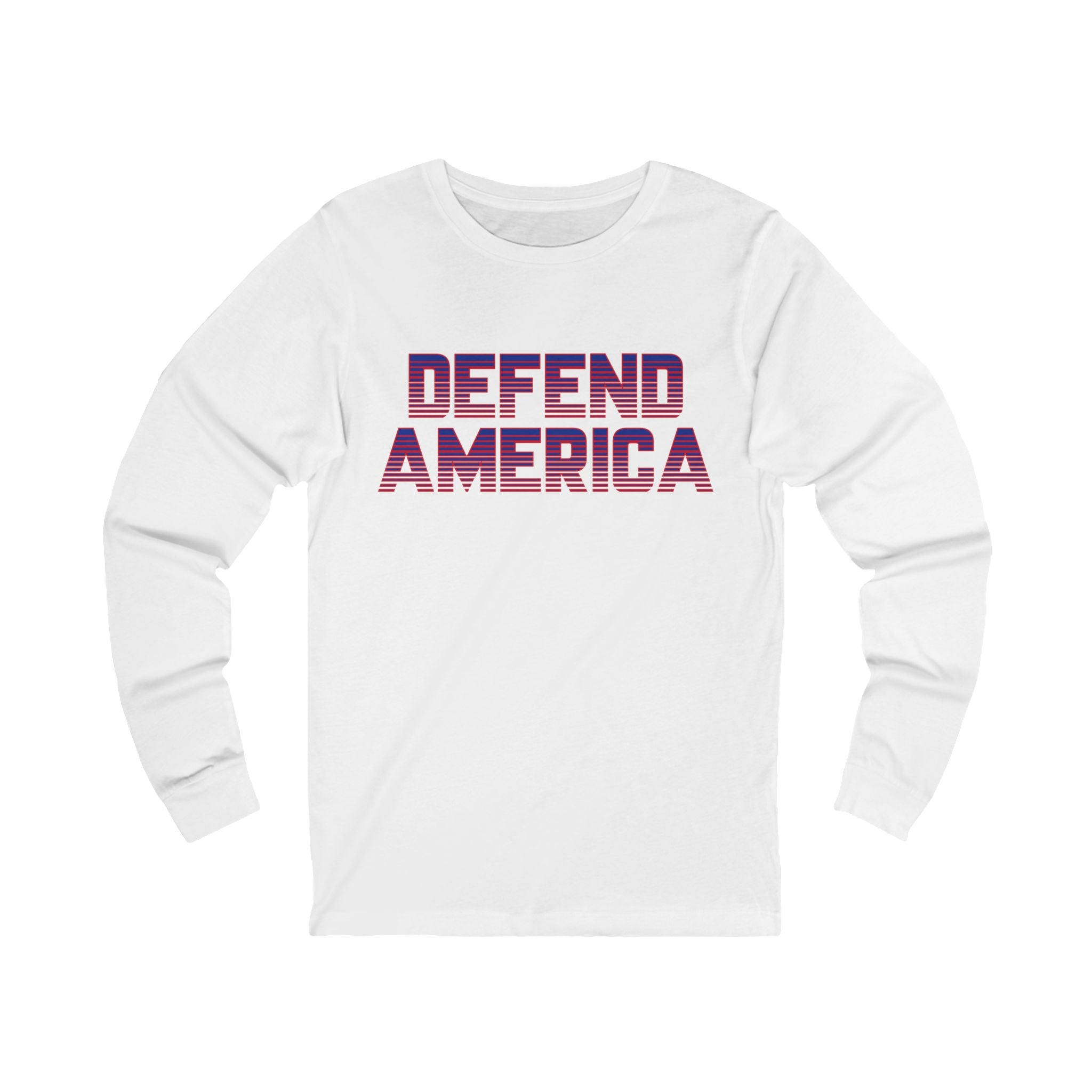 A white unisex long sleeve tee with 'DEFEND AMERICA' printed in purple on the front.