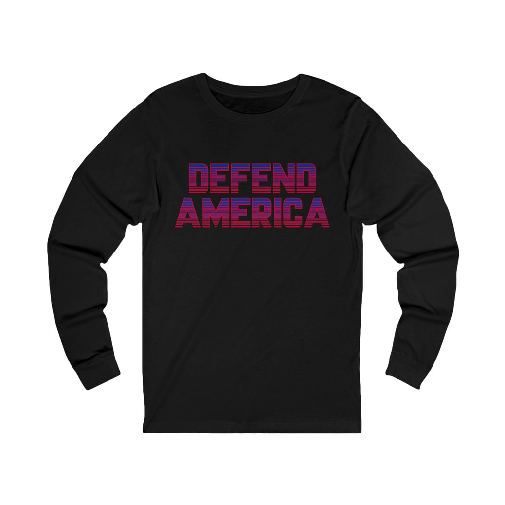 A white unisex long sleeve tee with 'DEFEND AMERICA' printed in purple on the front.