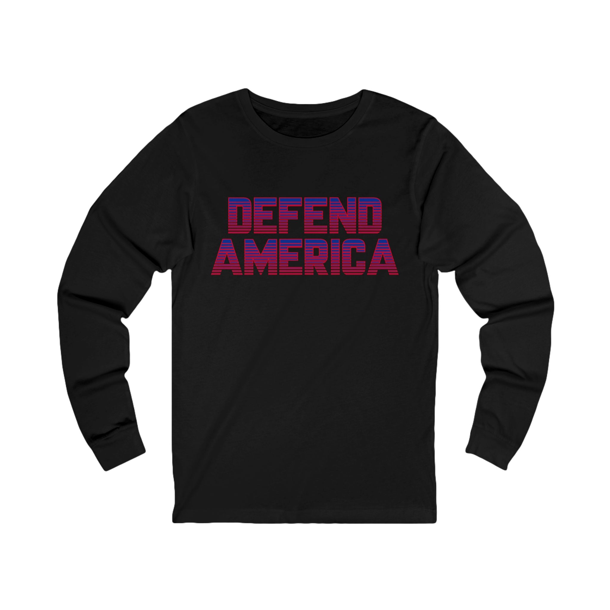 A white unisex long sleeve tee with 'DEFEND AMERICA' printed in purple on the front.