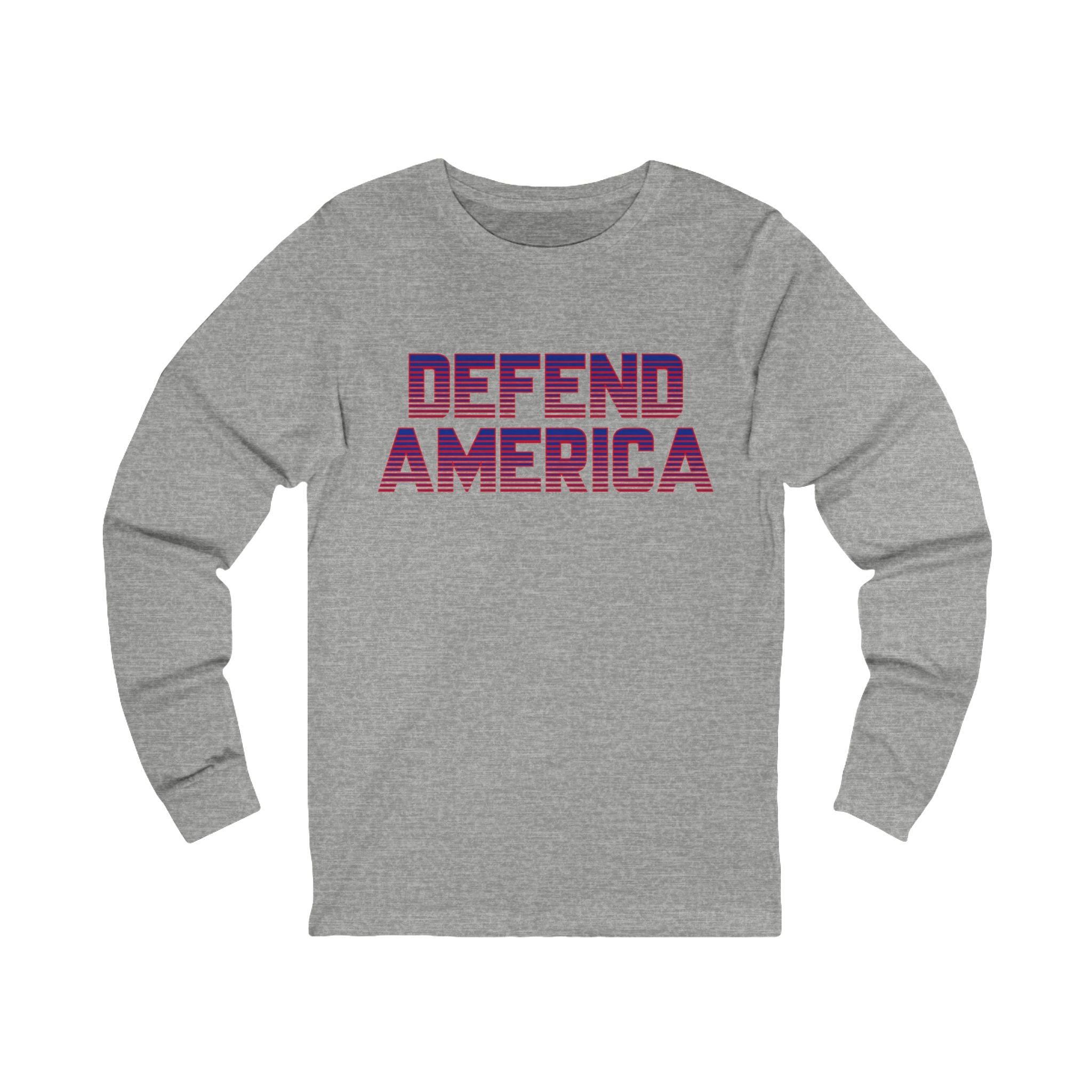 A white unisex long sleeve tee with 'DEFEND AMERICA' printed in purple on the front.