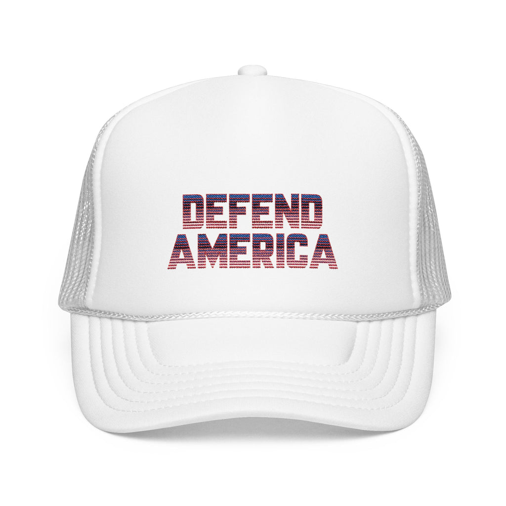 White 5 panel foam trucket hat with embroidered red, white and blue striped text design "DEFEND AMERICA" #American #MadeinAmerica #MadeinUSA #USA #USApride #America  #americanmade #americanmadeproduct #americanmadeproducts #productsmadeinAmerica #USAmade #productmadeinUSA #productsmadeinUSA

