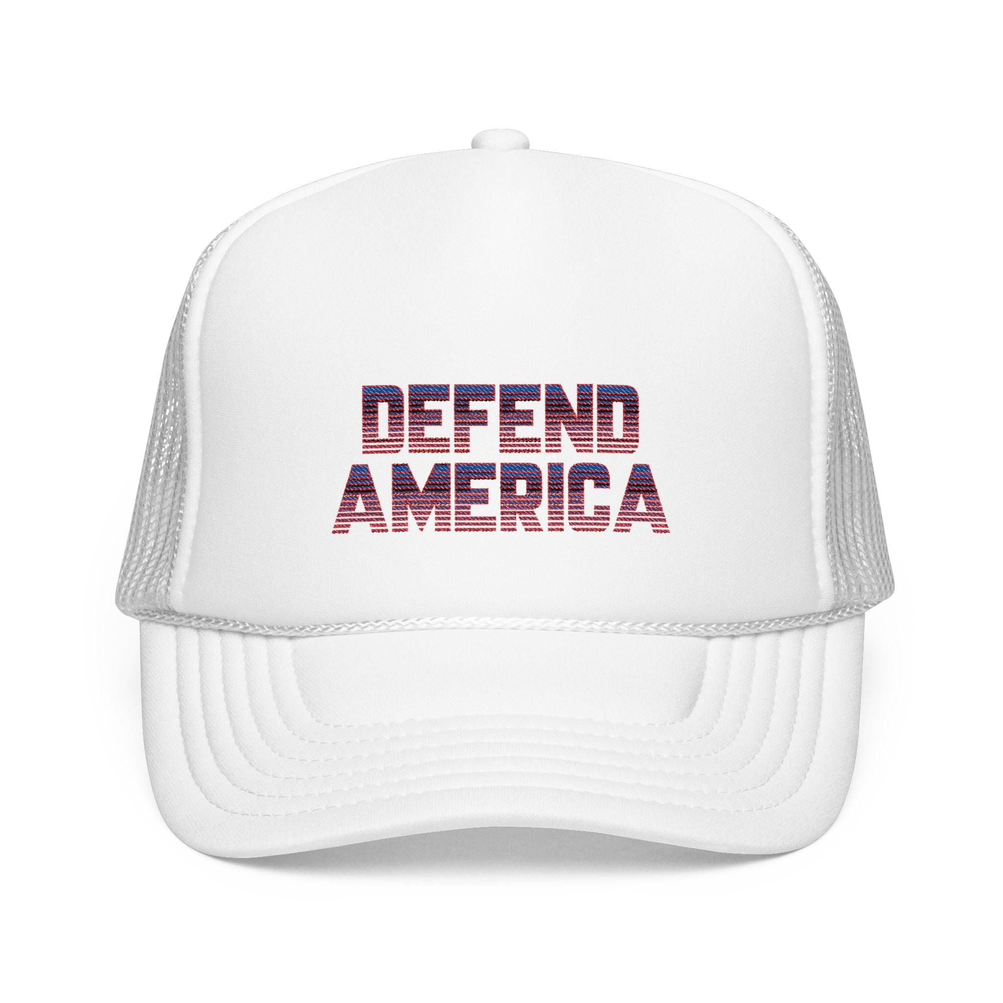 White 5 panel foam trucket hat with embroidered red, white and blue striped text design "DEFEND AMERICA" #American #MadeinAmerica #MadeinUSA #USA #USApride #America  #americanmade #americanmadeproduct #americanmadeproducts #productsmadeinAmerica #USAmade #productmadeinUSA #productsmadeinUSA

