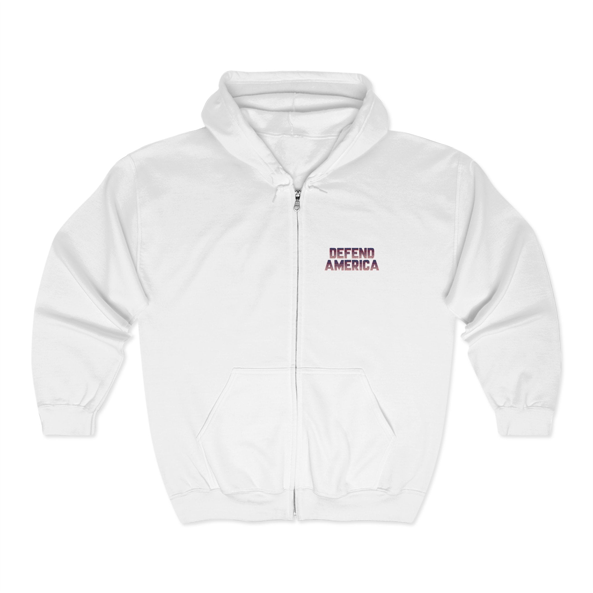 A white full zip hoodie with the text 'DEFEND AMERICA' printed on the front.