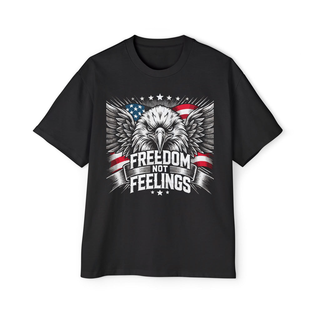 Men's black oversized graphic t-shirt with an eagle design and the text 'FREEDOM NOT FEELINGS' on the front.
