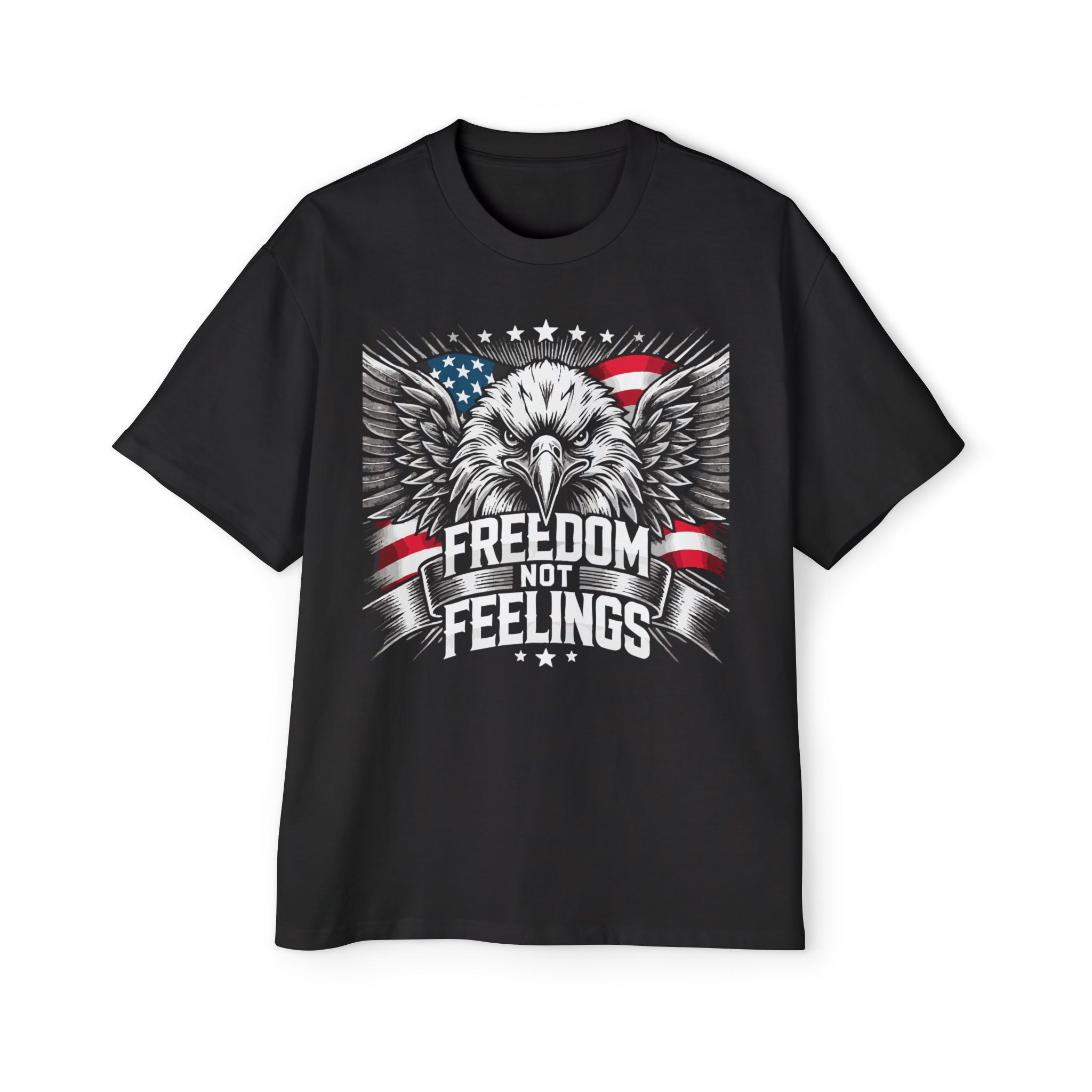 Men's black oversized graphic t-shirt with an eagle design and the text 'FREEDOM NOT FEELINGS' on the front.