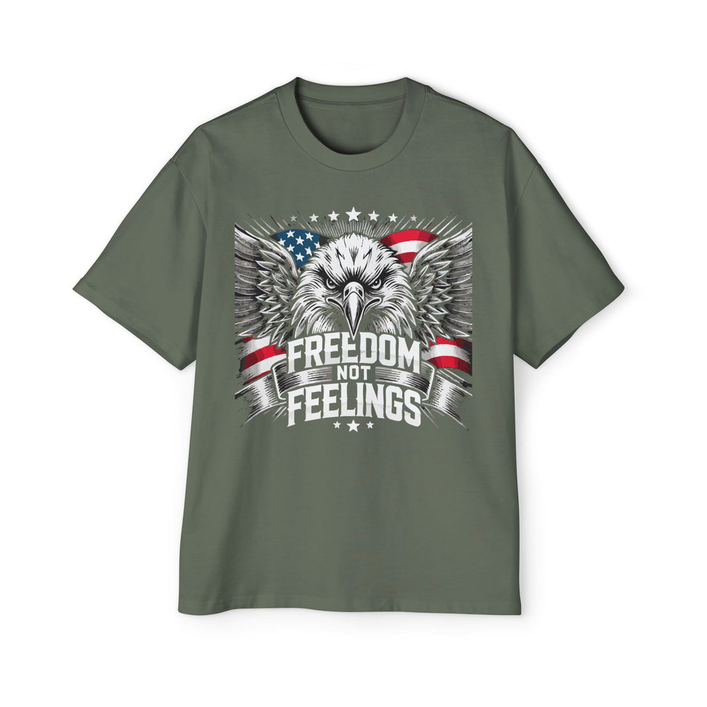 Green black oversized graphic t-shirt with an eagle design and the text 'FREEDOM NOT FEELINGS' on the front.