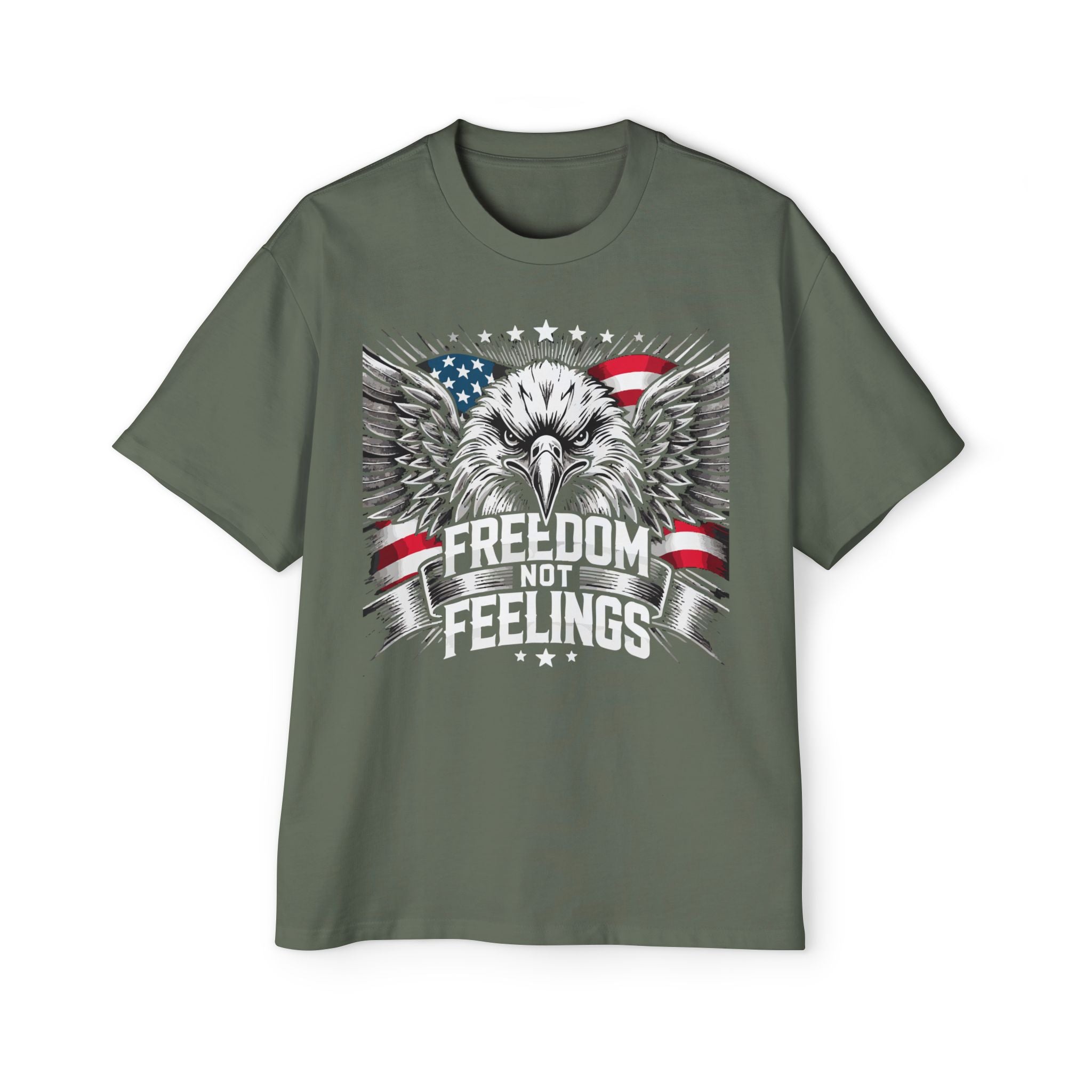 Green black oversized graphic t-shirt with an eagle design and the text 'FREEDOM NOT FEELINGS' on the front.