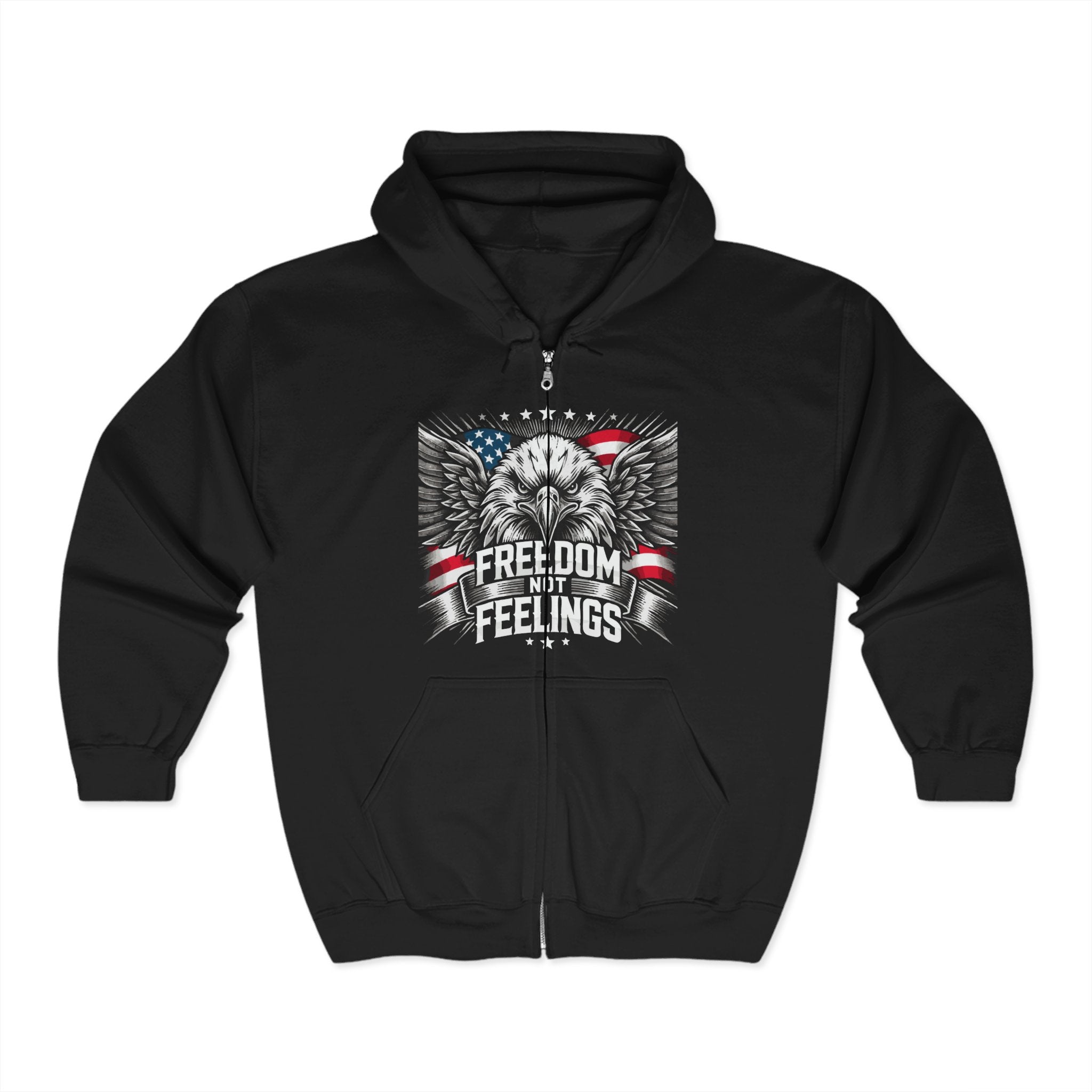 A black unisex full zip hoodie with a graphic print of an eagle and the text 'FREEDOM FEELINGS' on the front.