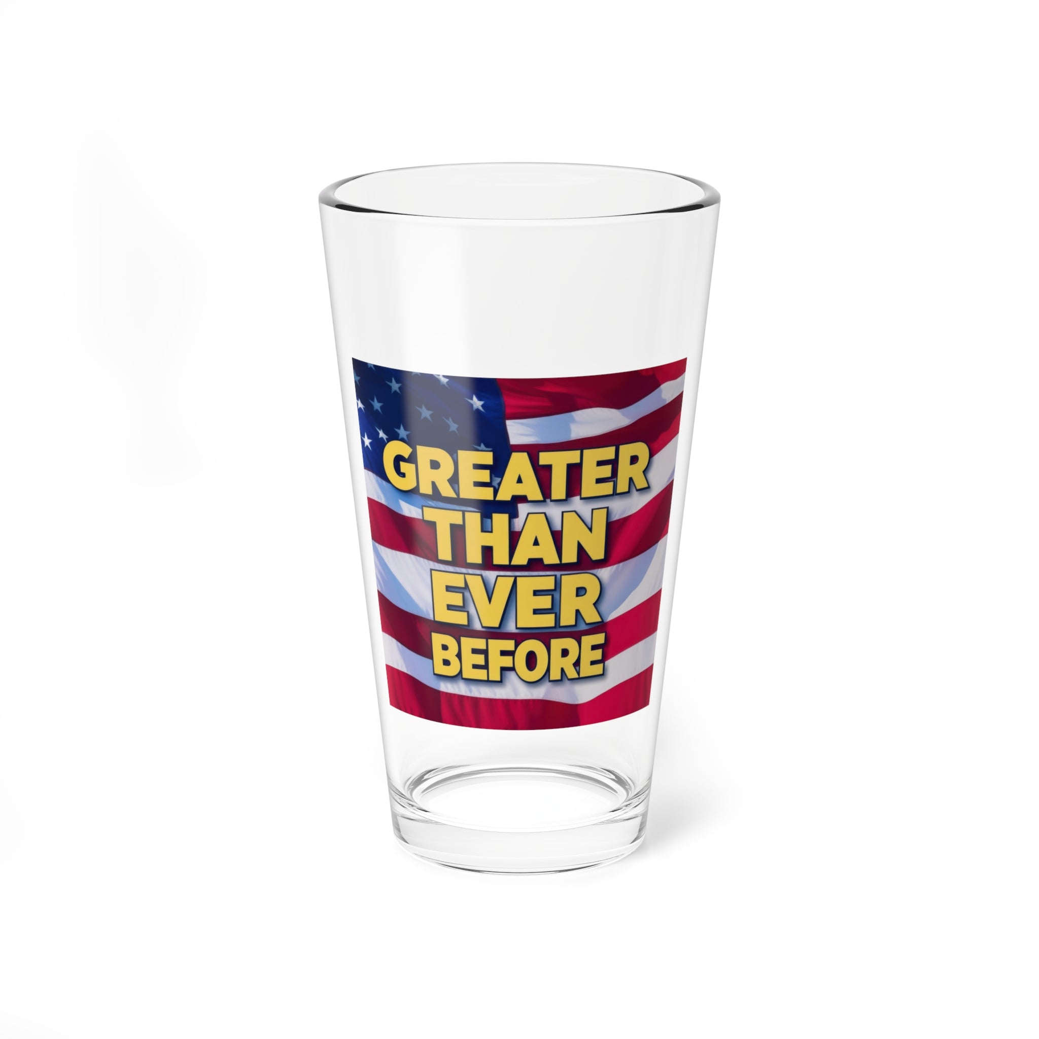 A clear mixing glass with a red and blue striped design featuring the text 'GREATER THAN EVER BEFORE' on a white background.
