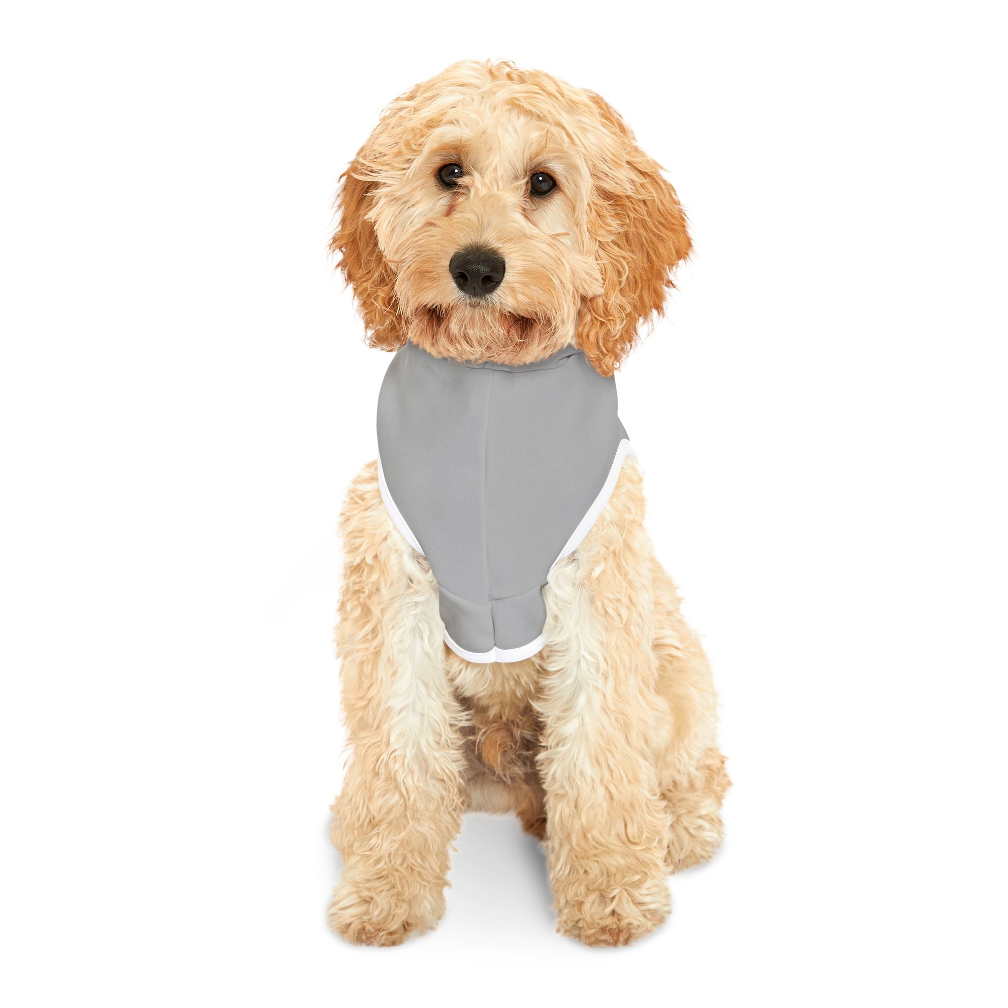 The front of grey pet hoodie with white trim border and red text "Proud to be American" with grey pine trees, lake and sun image #ProudtobeAmerican #American #MadeinAmerica #MadeinUSA #USA #USApride #America #AmericanBorder #lake #sun #trees #pinetrees #doghoodie #dog #American #MadeinAmerica #MadeinUSA #USA #USApride #America  #americanmade #americanmadeproduct #americanmadeproducts #productsmadeinAmerica #USAmade #productmadeinUSA #productsmadeinUSA
