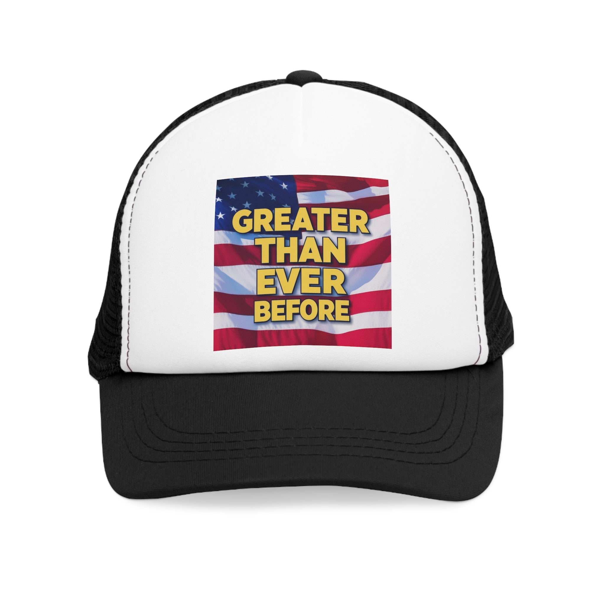 Black and white 5 panel mesh trucker hat/trucker cap with text "GREATER THAN EVER BEFORE" and image with waving American flag, stripes and stars #Americanflag #starsandstripes #stars #stripes #American #MadeinAmerica #MadeinUSA #USA #USApride #America  #americanmade #americanmadeproduct #americanmadeproducts #productsmadeinAmerica #USAmade #productmadeinUSA #productsmadeinUSA

