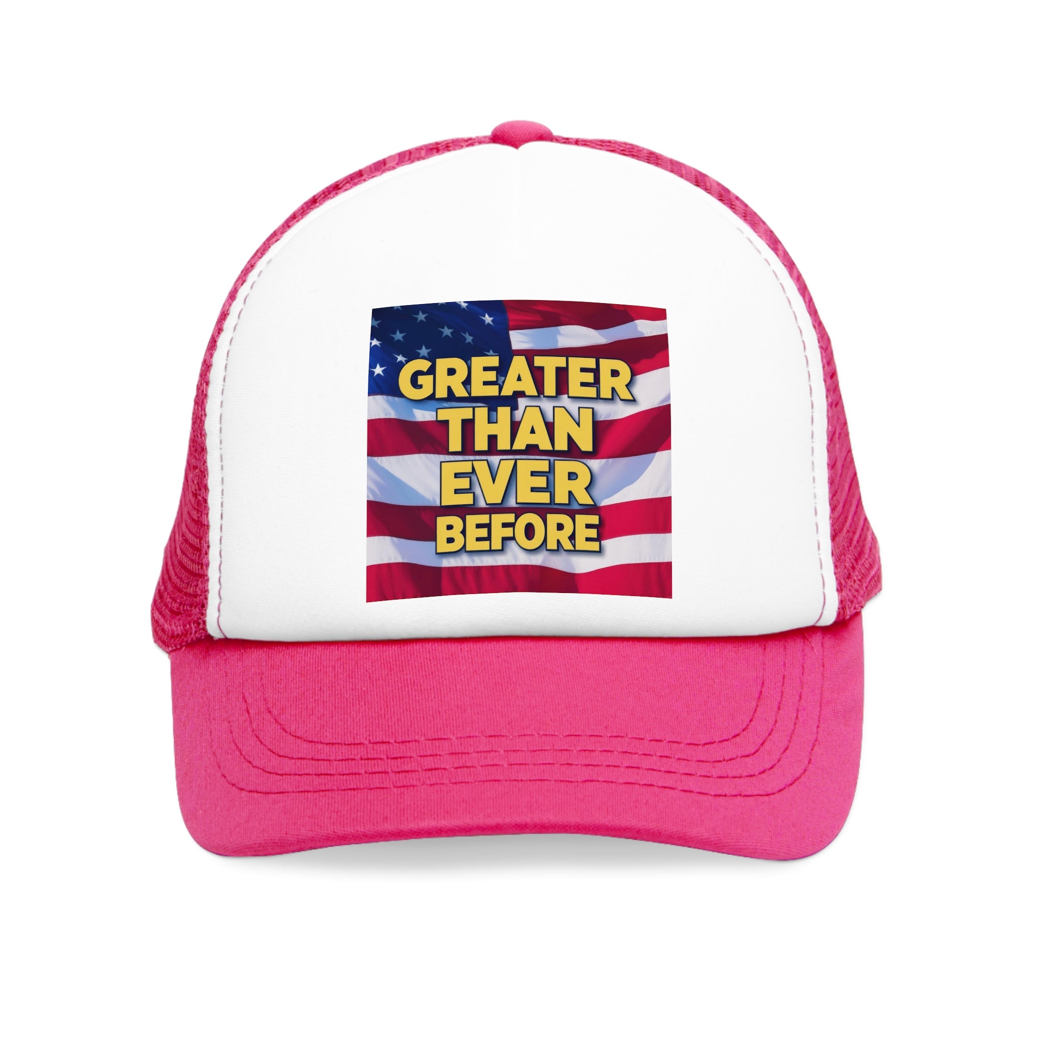 Pink and white 5 panel mesh trucker hat/trucker cap with text "GREATER THAN EVER BEFORE" and image with waving American flag, stripes and stars #Americanflag #starsandstripes #stars #stripes #American #MadeinAmerica #MadeinUSA #USA #USApride #America  #americanmade #americanmadeproduct #americanmadeproducts #productsmadeinAmerica #USAmade #productmadeinUSA #productsmadeinUSA

