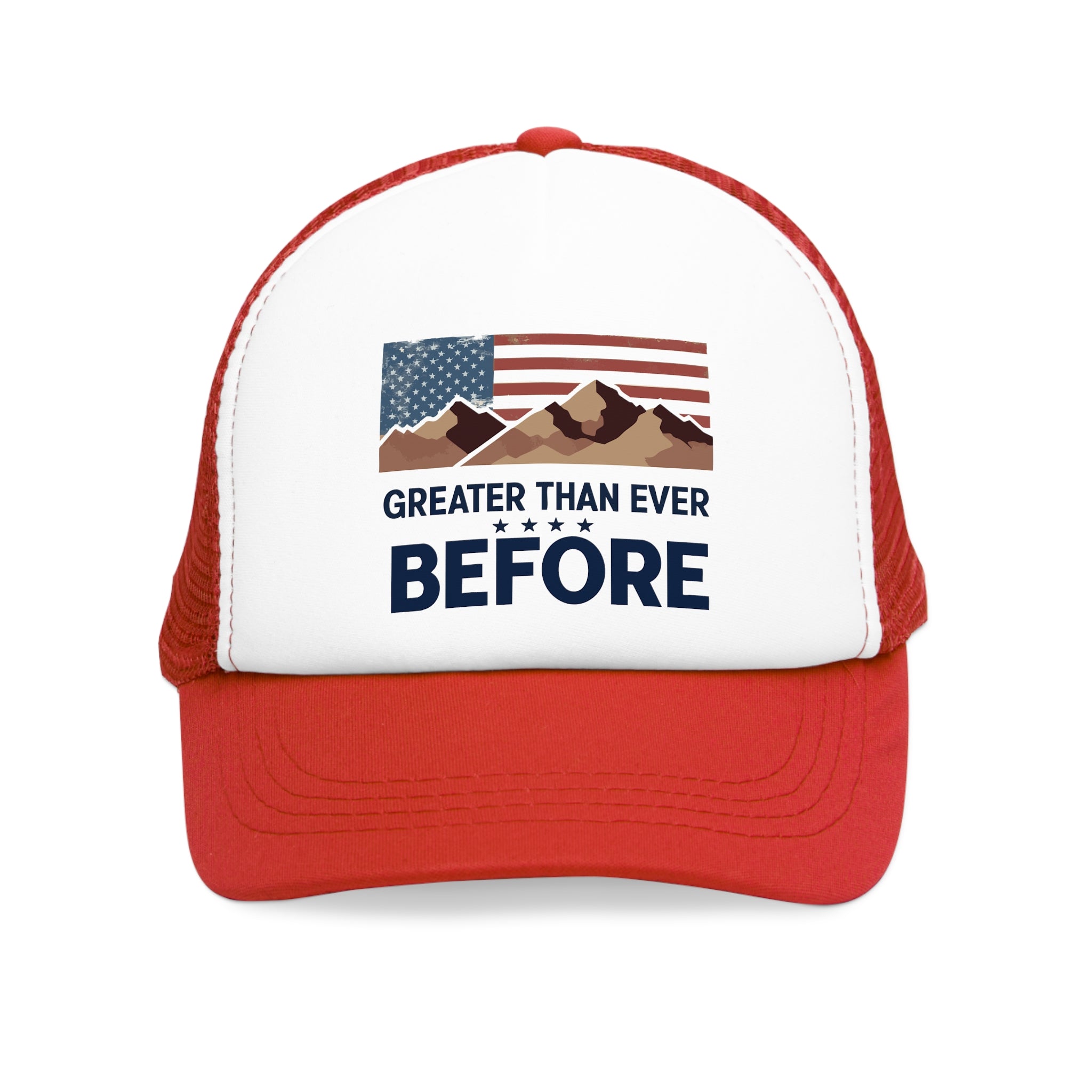 Red and white 5 panel mesh trucker hat/trucker cap with text "GREATER THAN EVER BEFORE" and image with American flag, stripes and stars and brown mountains  
#Americanflag #Mountains #starsandstripes #stars #stripes #American #MadeinAmerica #MadeinUSA #USA #USApride #America  #americanmade #americanmadeproduct #americanmadeproducts #productsmadeinAmerica #USAmade #productmadeinUSA #productsmadeinUSA

